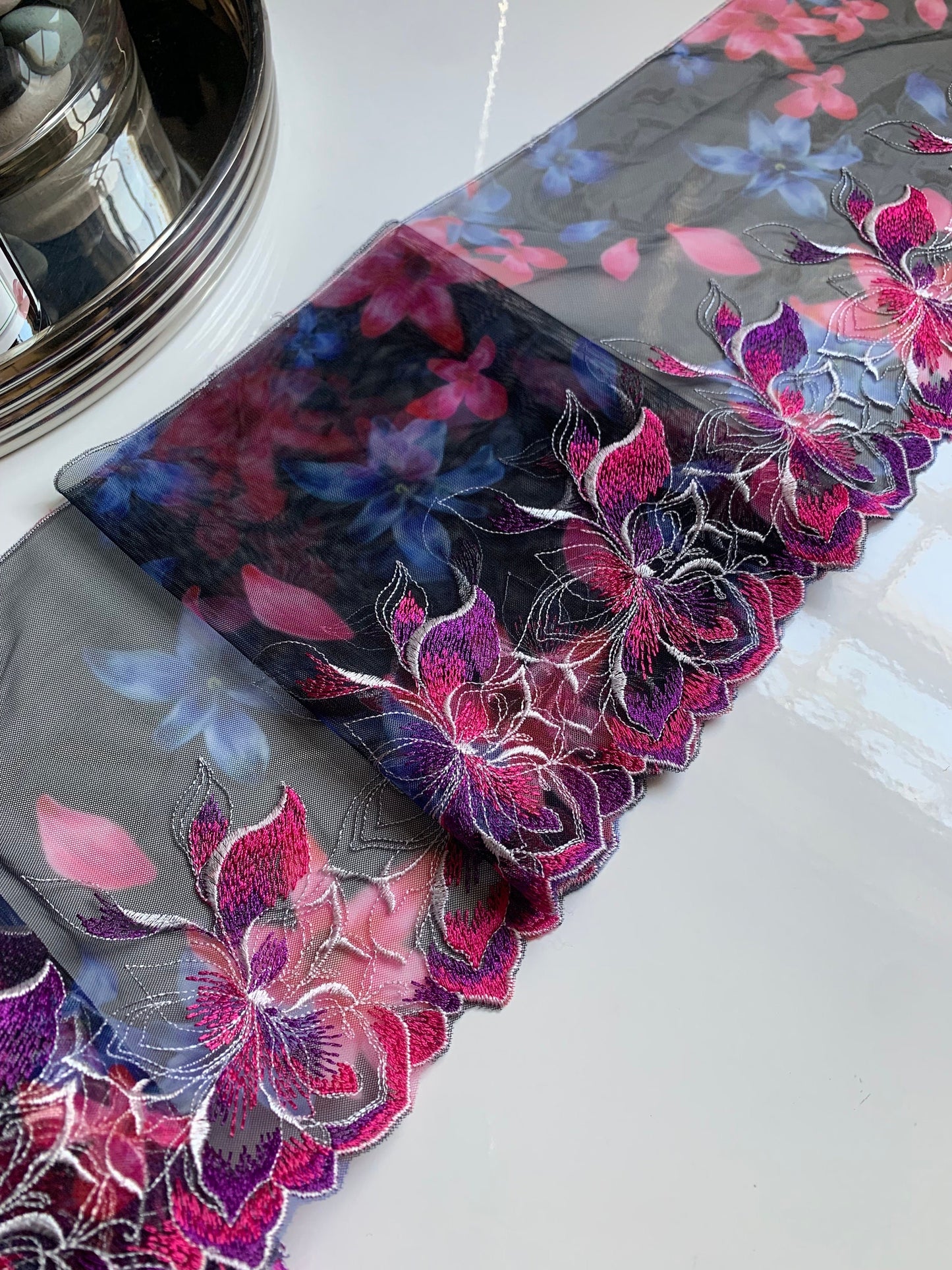 Pink Purple Blue Floral Printed Embroidered Lace Trim(7.5"/19cm) Black Mesh Tulle Scallop Edge Fabric for Bramaking Knickers Lingerie Sewing