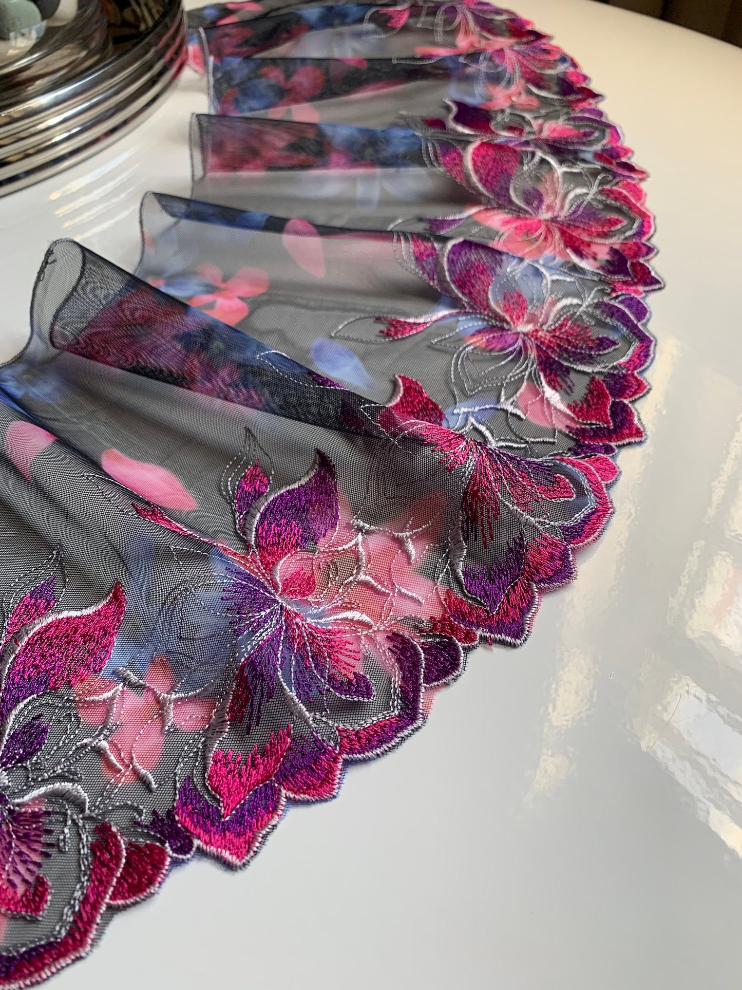 Pink Purple Blue Floral Printed Embroidered Lace Trim(7.5"/19cm) Black Mesh Tulle Scallop Edge Fabric for Bramaking Knickers Lingerie Sewing