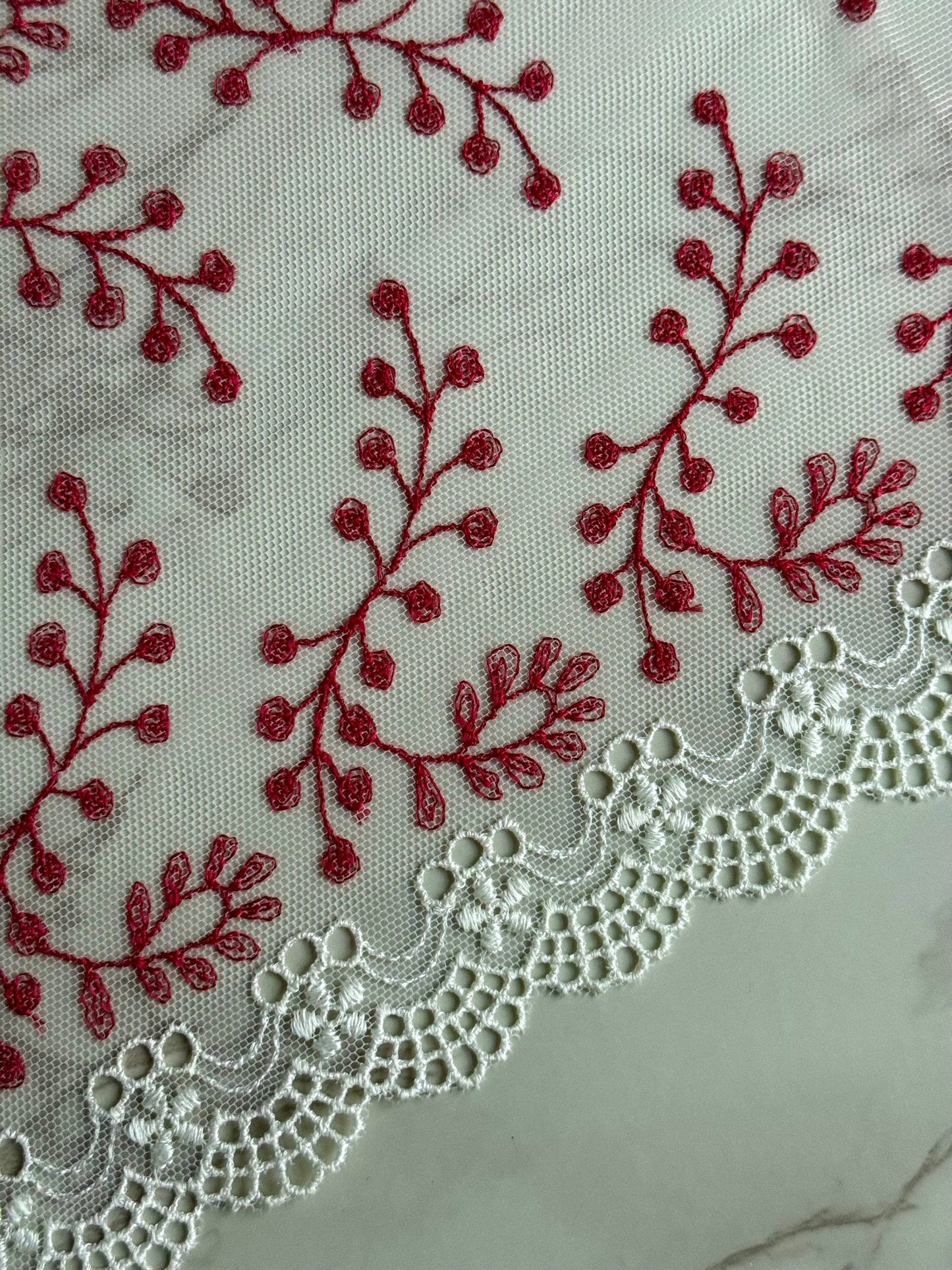 Cream White Red Lace Embroidered Lace Trim (8"/20cm) Scallop Edge Fabric for Bramaking Knickers Lingerie Sewing Craft
