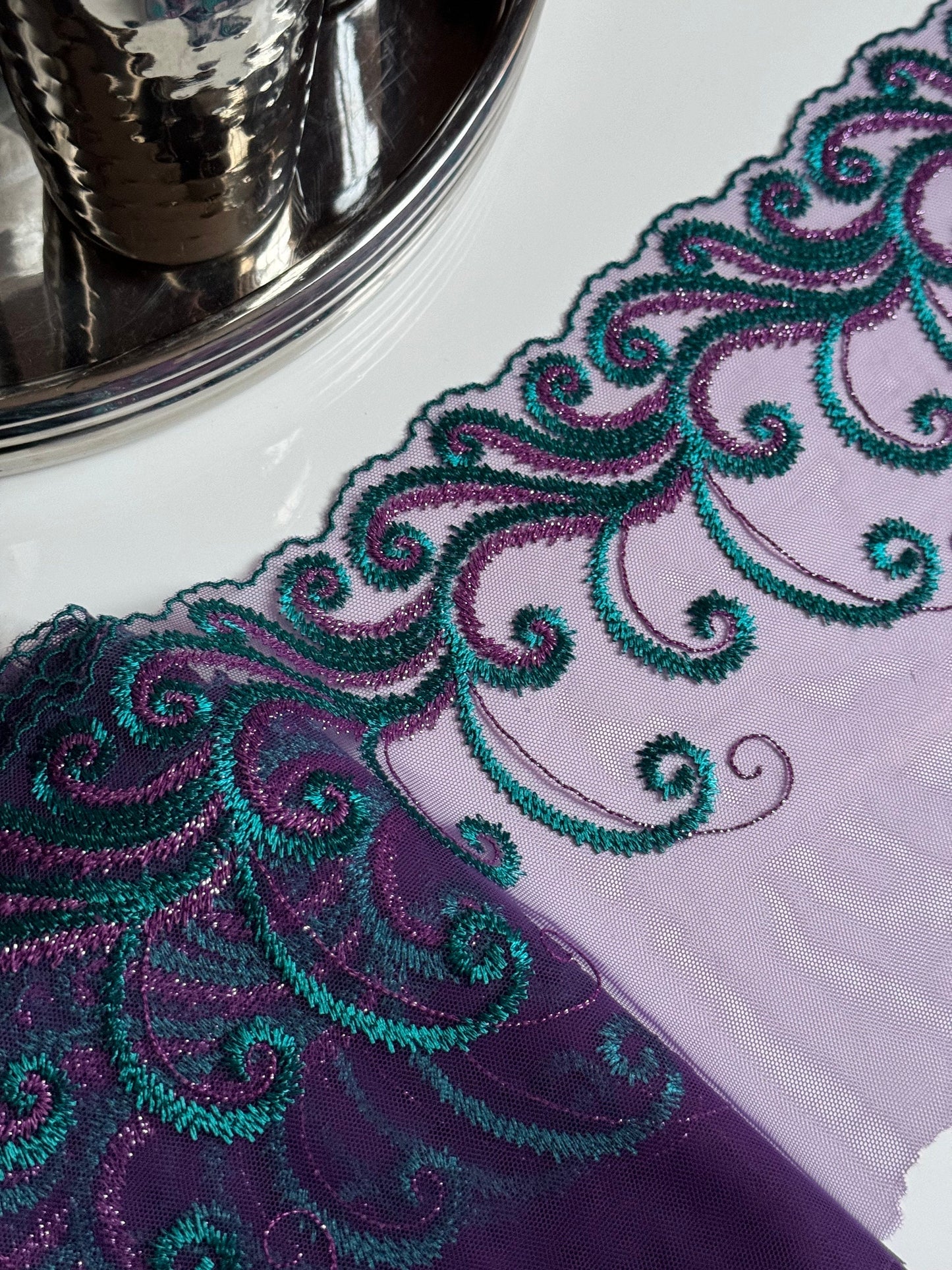 Purple Teal Blue Metallic Shimmer Lace Embroidered Lace Trim (7.5"/19cm) Scallop Edge Fabric for Bramaking Knickers Lingerie Sewing Craft