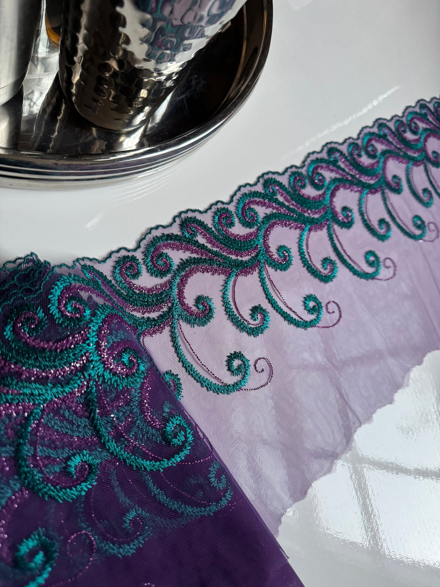 Purple Teal Blue Metallic Shimmer Lace Embroidered Lace Trim (7.5"/19cm) Scallop Edge Fabric for Bramaking Knickers Lingerie Sewing Craft