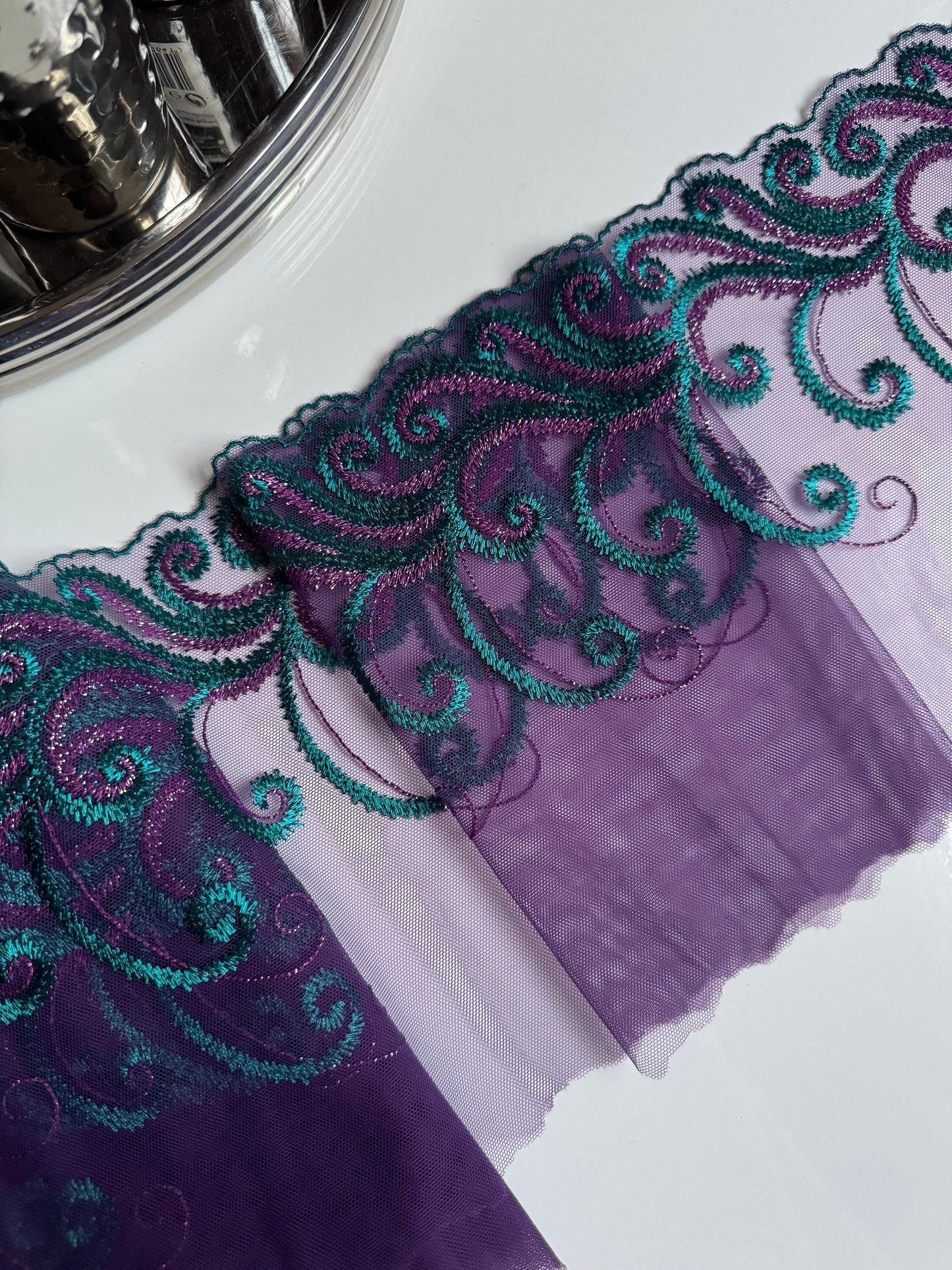 Purple Teal Blue Metallic Shimmer Lace Embroidered Lace Trim (7.5"/19cm) Scallop Edge Fabric for Bramaking Knickers Lingerie Sewing Craft