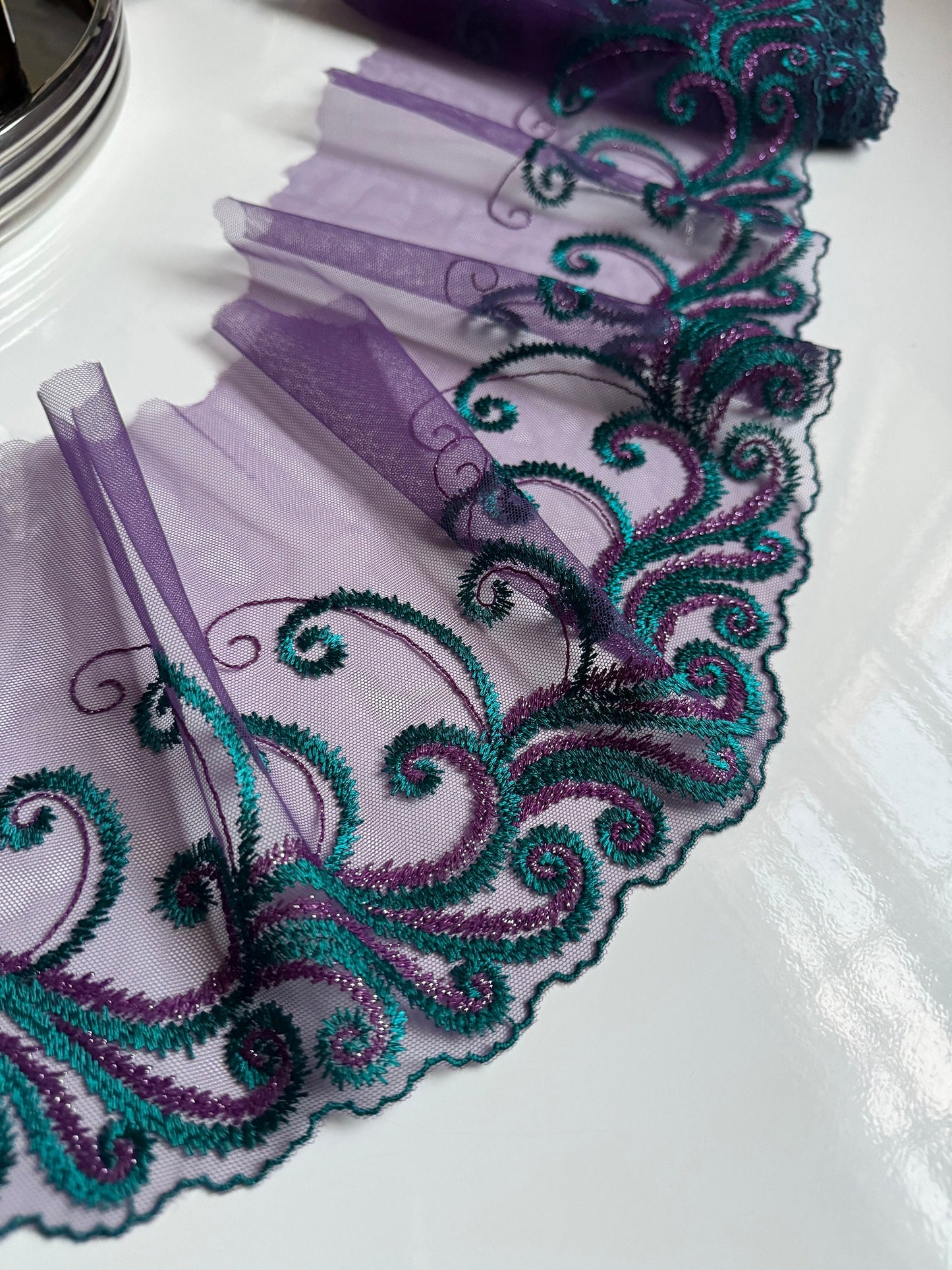 Purple Teal Blue Metallic Shimmer Lace Embroidered Lace Trim (7.5"/19cm) Scallop Edge Fabric for Bramaking Knickers Lingerie Sewing Craft