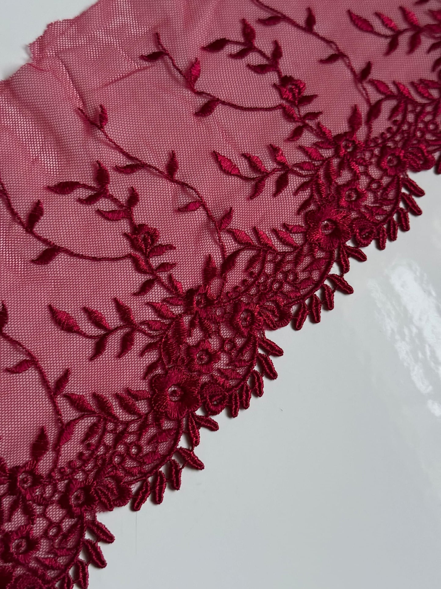 Red Guipure Edge Floral Embroidered Lace Trim (5.25"/13cm) Scallop Edge Fabric for Bramaking Knickers Lingerie Sewing Craft