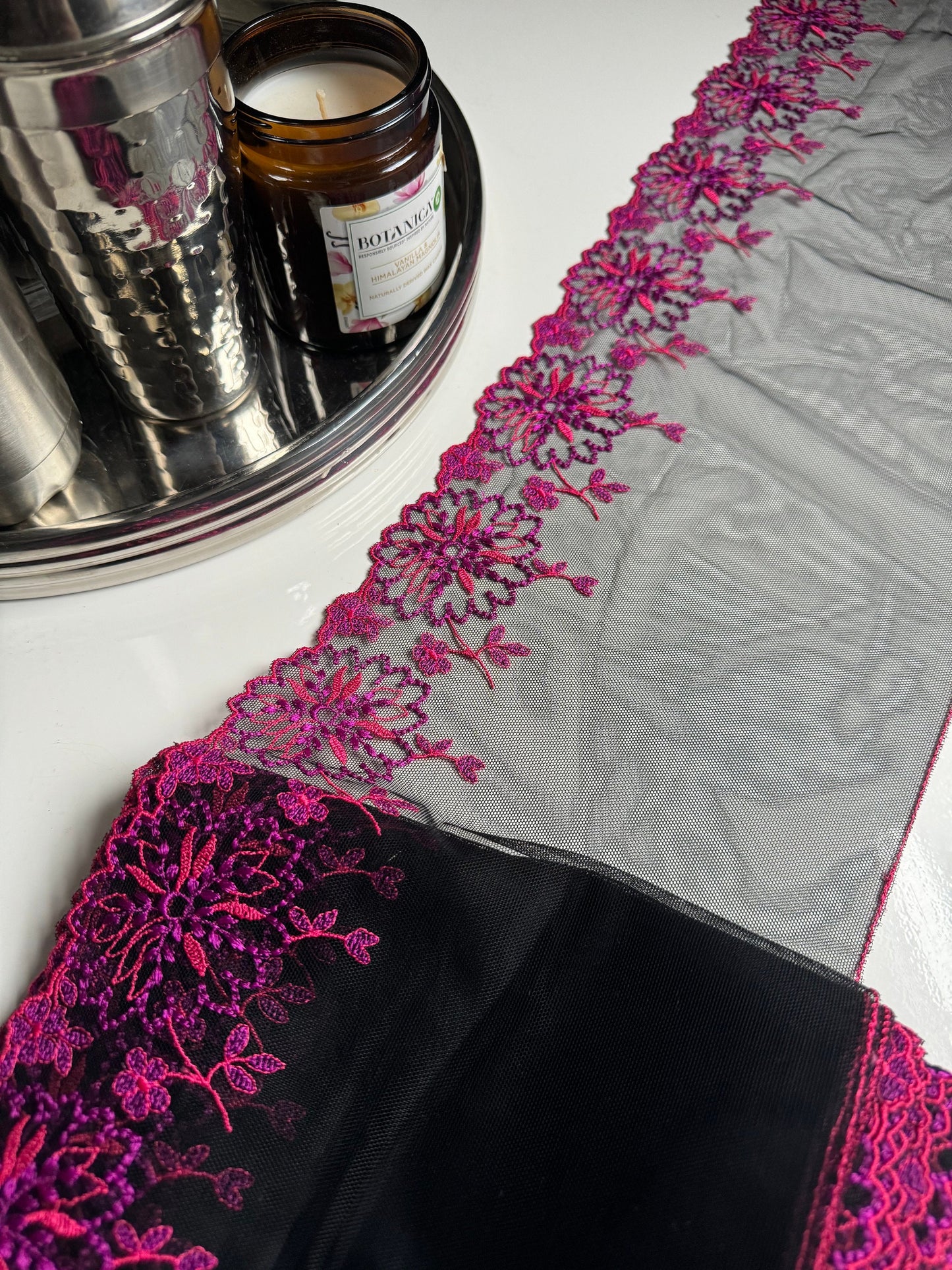 Pink Purple Fuschia Floral Embroidered Lace Trim (8"/20cm) Black Mesh Tulle Scallop Edge Fabric for Bramaking Knickers Lingerie Sewing Craft