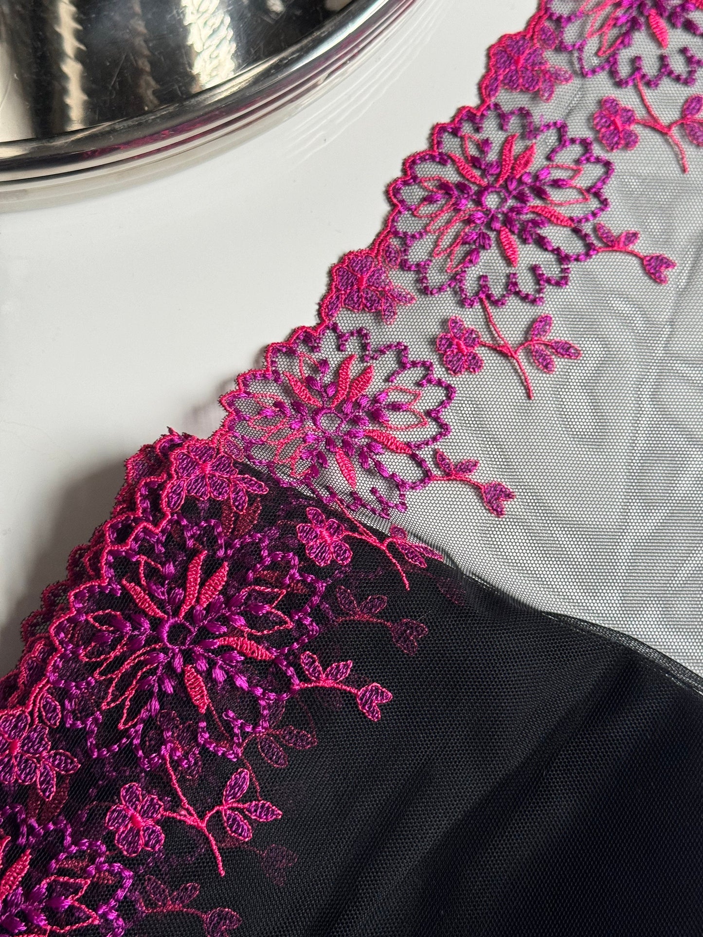 Pink Purple Fuschia Floral Embroidered Lace Trim (8"/20cm) Black Mesh Tulle Scallop Edge Fabric for Bramaking Knickers Lingerie Sewing Craft