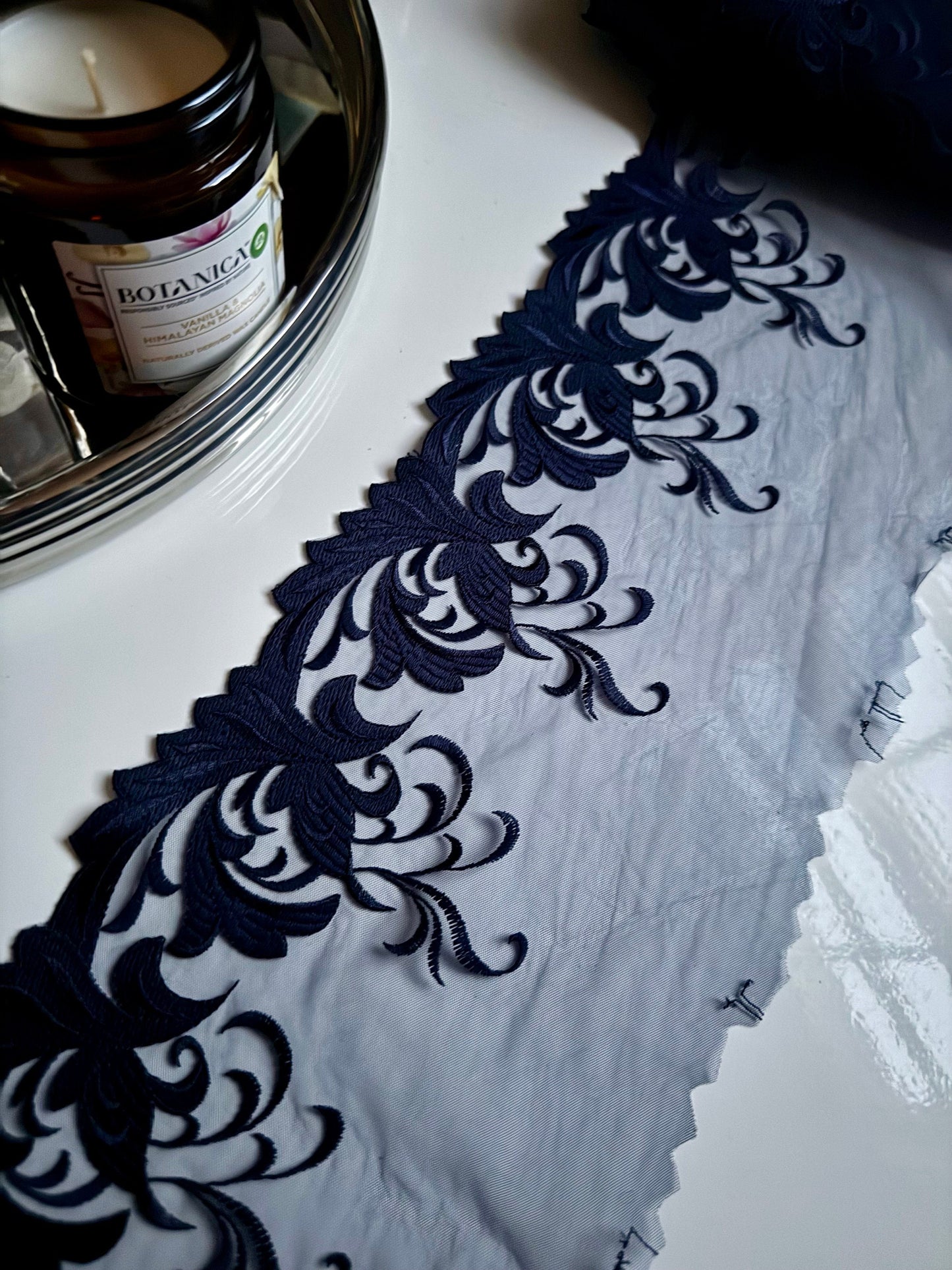 Navy Blue Floral Leaf Swirl Embroidered Lace Trim (6"/15cm) Scallop Edge Fabric for Bramaking Knickers Lingerie Sewing Craft