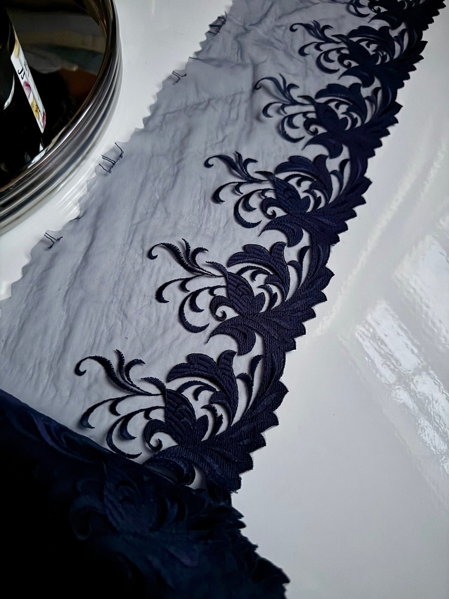 Navy Blue Floral Leaf Swirl Embroidered Lace Trim (6"/15cm) Scallop Edge Fabric for Bramaking Knickers Lingerie Sewing Craft