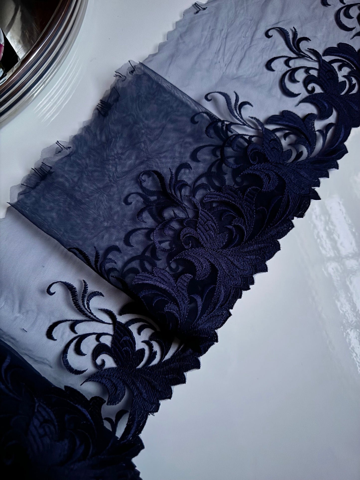 Navy Blue Floral Leaf Swirl Embroidered Lace Trim (6"/15cm) Scallop Edge Fabric for Bramaking Knickers Lingerie Sewing Craft