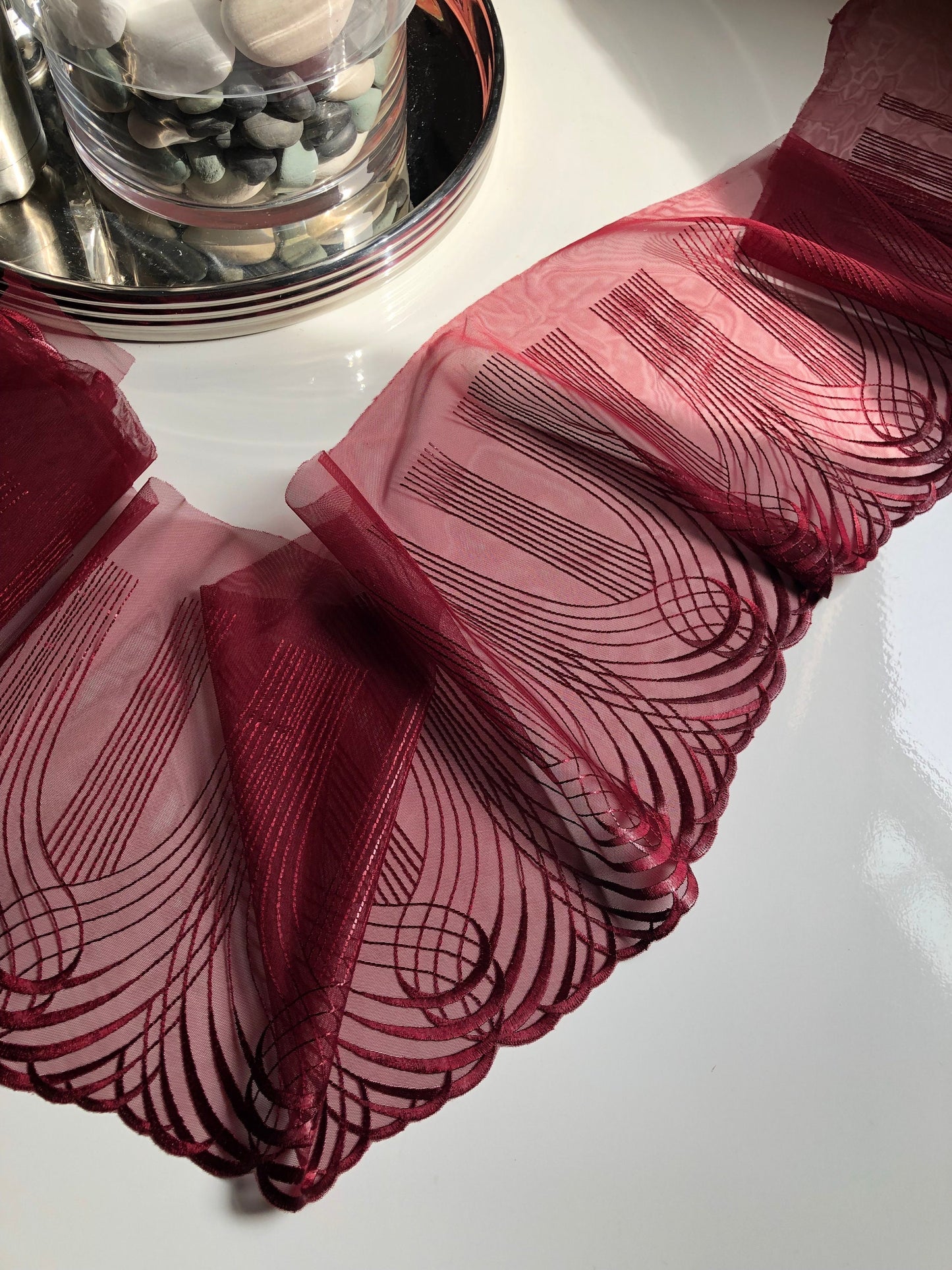 Burgundy Dark Red Swirl Embroidered Lace Trim (8.75"/22cm) Tulle Scallop Edge Fabric for Bra Making Knickers Lingerie Sewing Craft