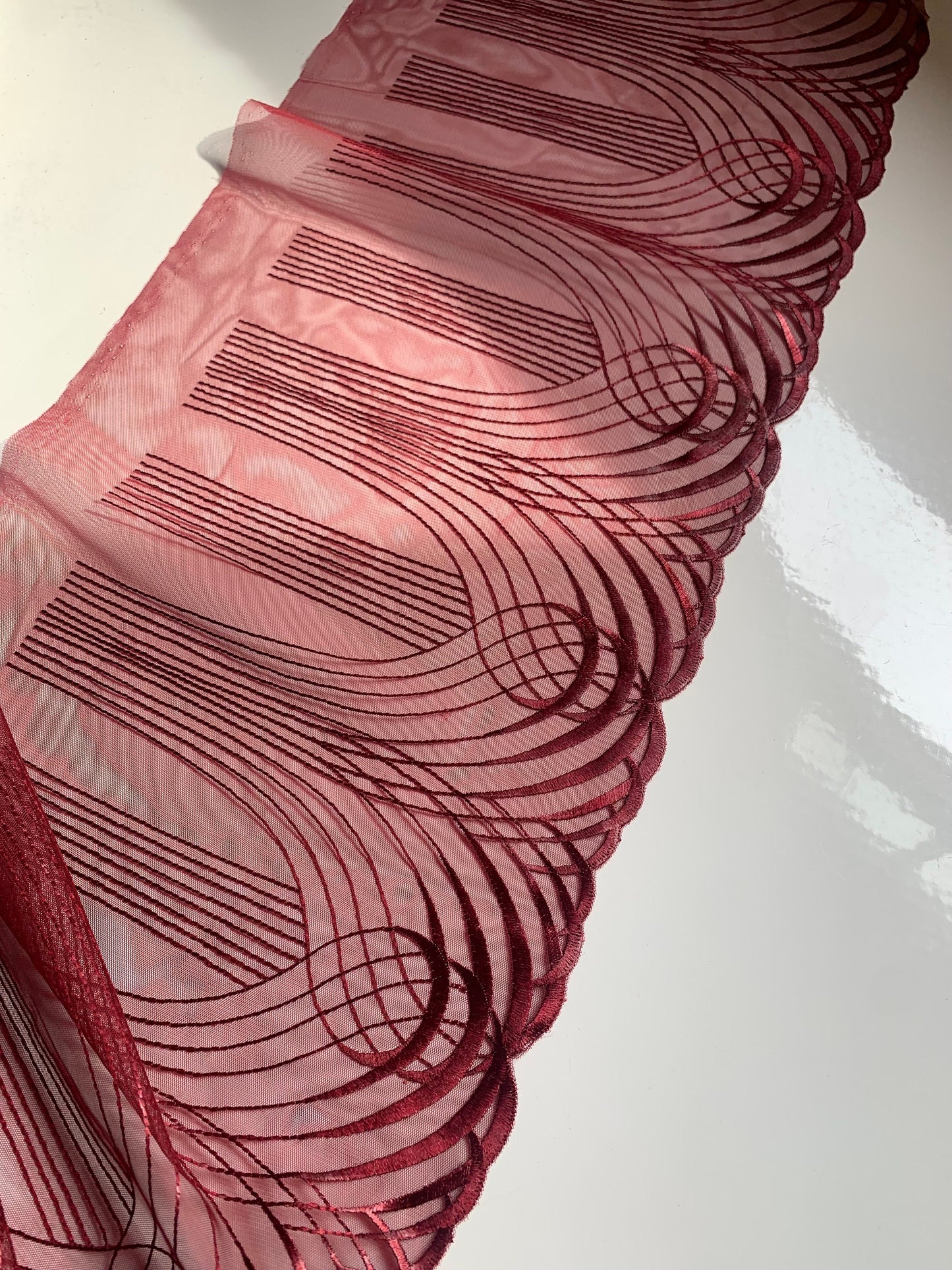 Burgundy Dark Red Swirl Embroidered Lace Trim (8.75"/22cm) Tulle Scallop Edge Fabric for Bra Making Knickers Lingerie Sewing Craft