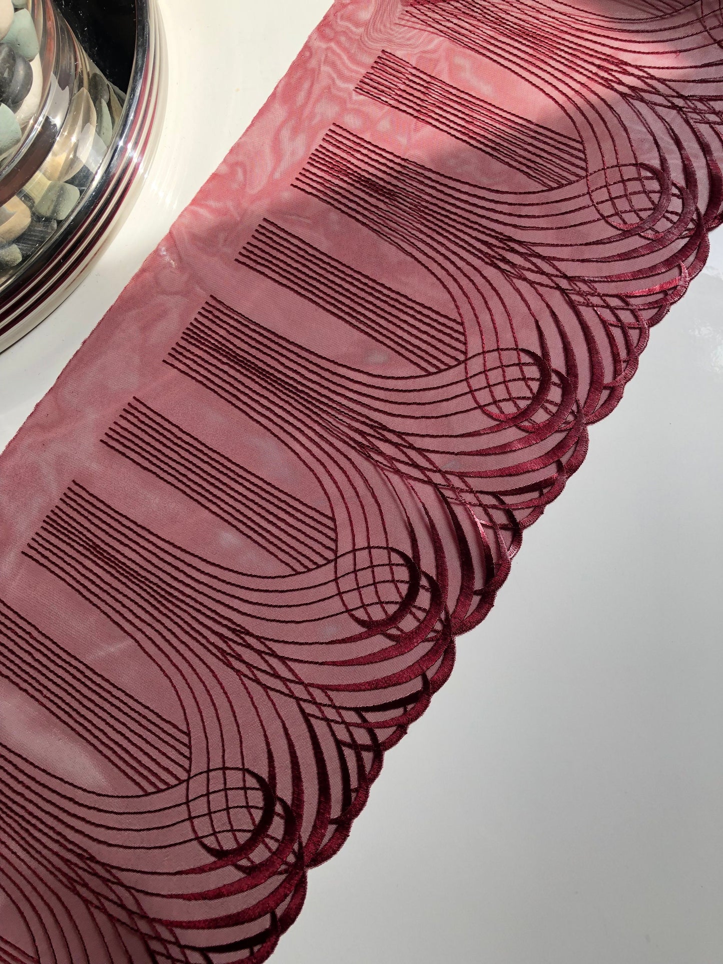 Burgundy Dark Red Swirl Embroidered Lace Trim (8.75"/22cm) Tulle Scallop Edge Fabric for Bra Making Knickers Lingerie Sewing Craft