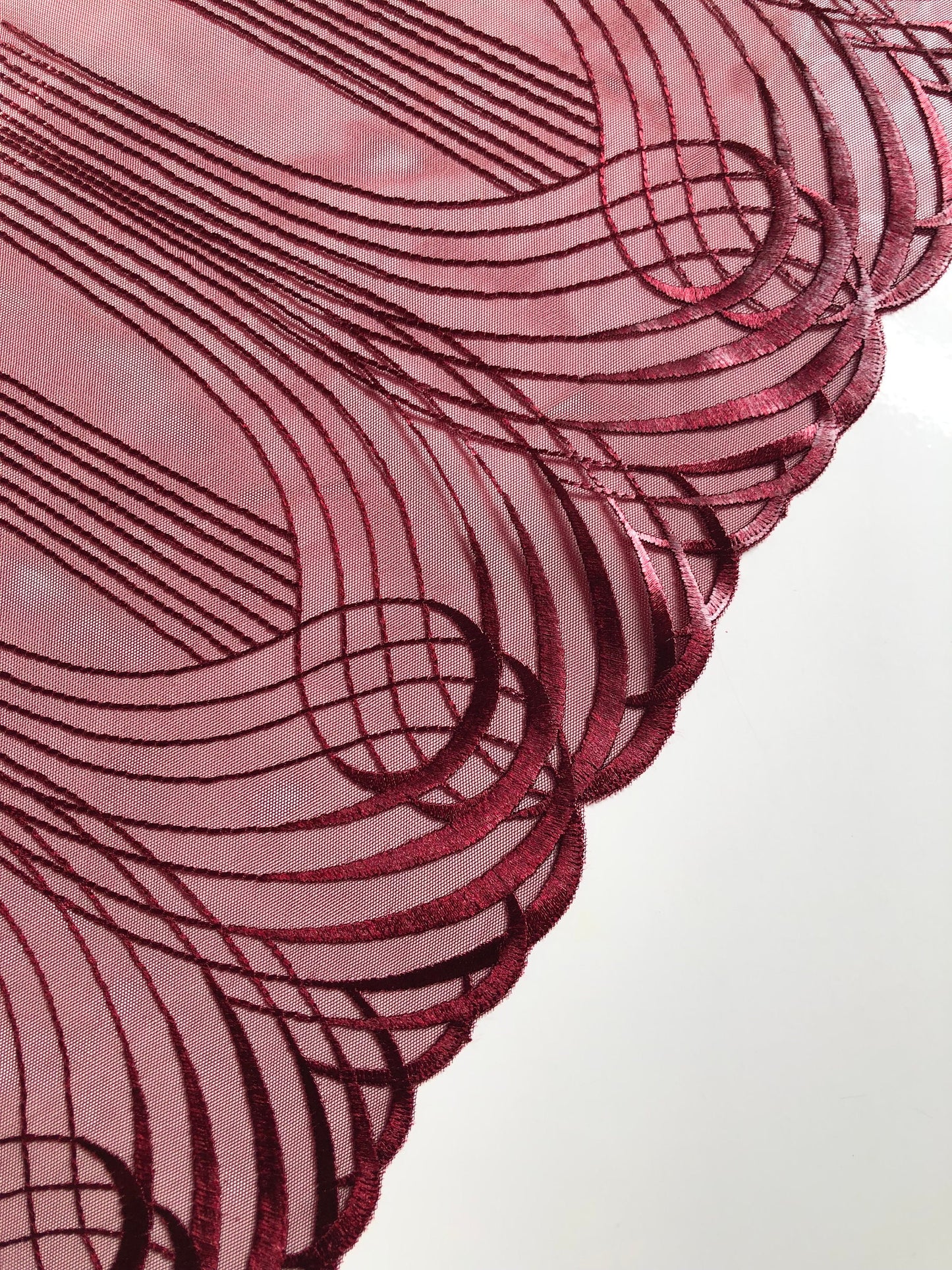 Burgundy Dark Red Swirl Embroidered Lace Trim (8.75"/22cm) Tulle Scallop Edge Fabric for Bra Making Knickers Lingerie Sewing Craft