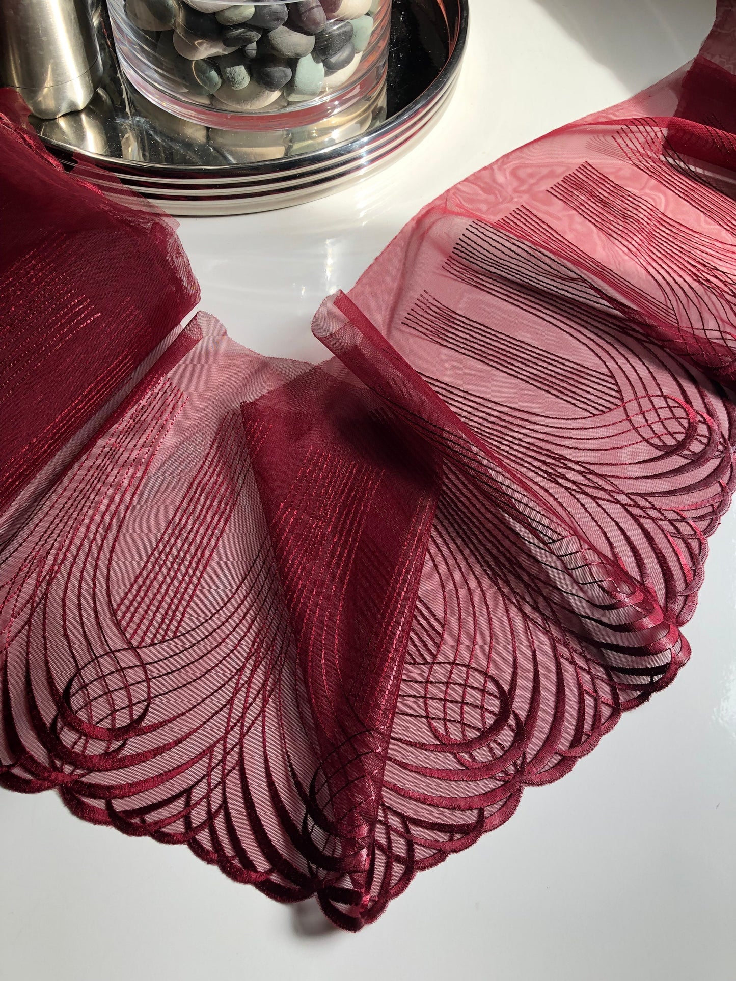 Burgundy Dark Red Swirl Embroidered Lace Trim (8.75"/22cm) Tulle Scallop Edge Fabric for Bra Making Knickers Lingerie Sewing Craft