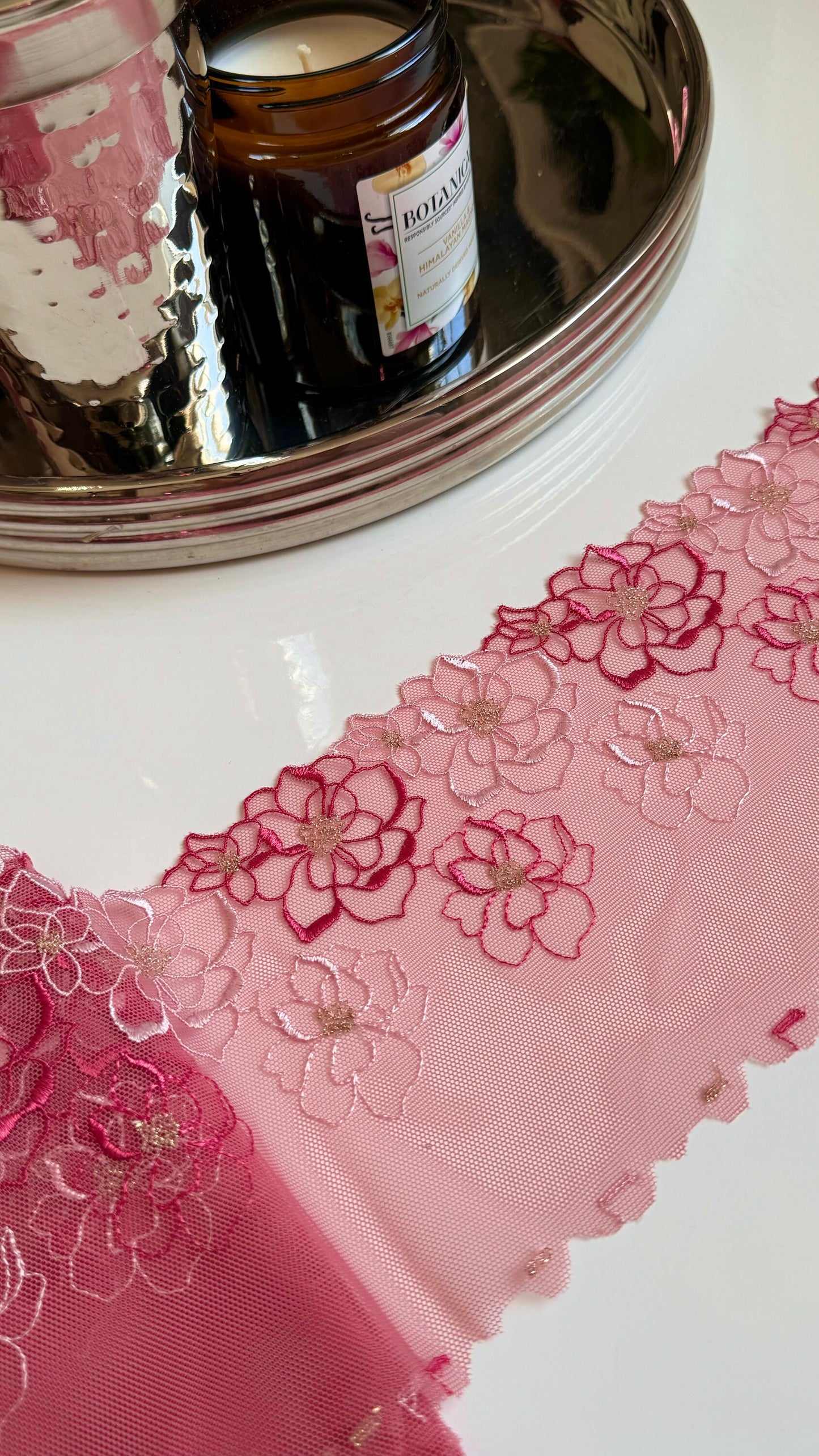 Rose Pink Light Stretch Floral Embroidered Lace Trim 5”/12.5cm Tulle Scallop Edge Fabric for Bra Making Knickers Lingerie Sewing Craft