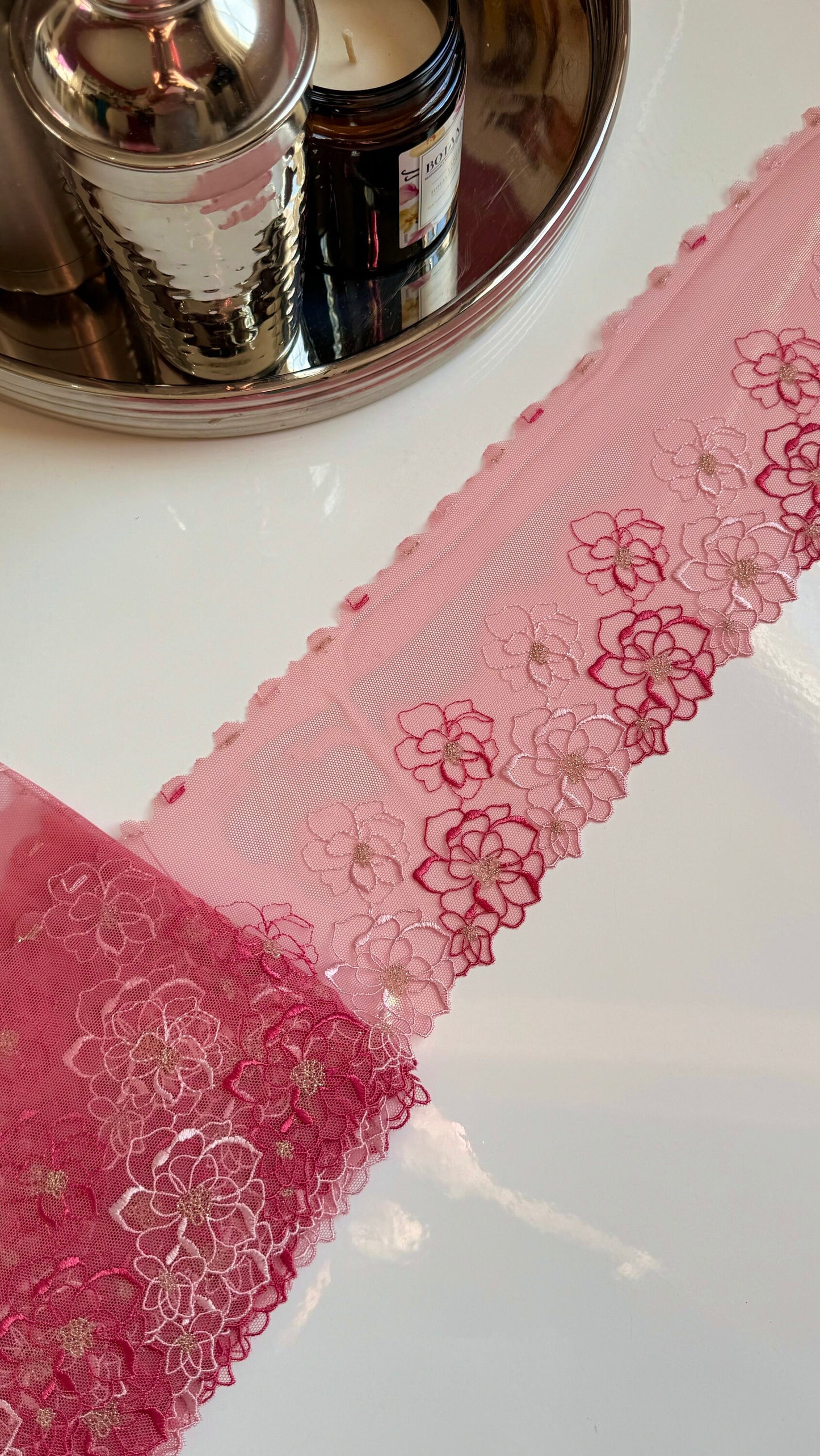 Rose Pink Light Stretch Floral Embroidered Lace Trim 5”/12.5cm Tulle Scallop Edge Fabric for Bra Making Knickers Lingerie Sewing Craft