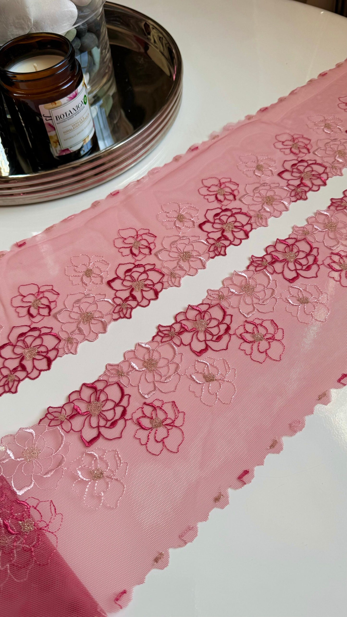 Rose Pink Light Stretch Floral Embroidered Lace Trim 5”/12.5cm Tulle Scallop Edge Fabric for Bra Making Knickers Lingerie Sewing Craft