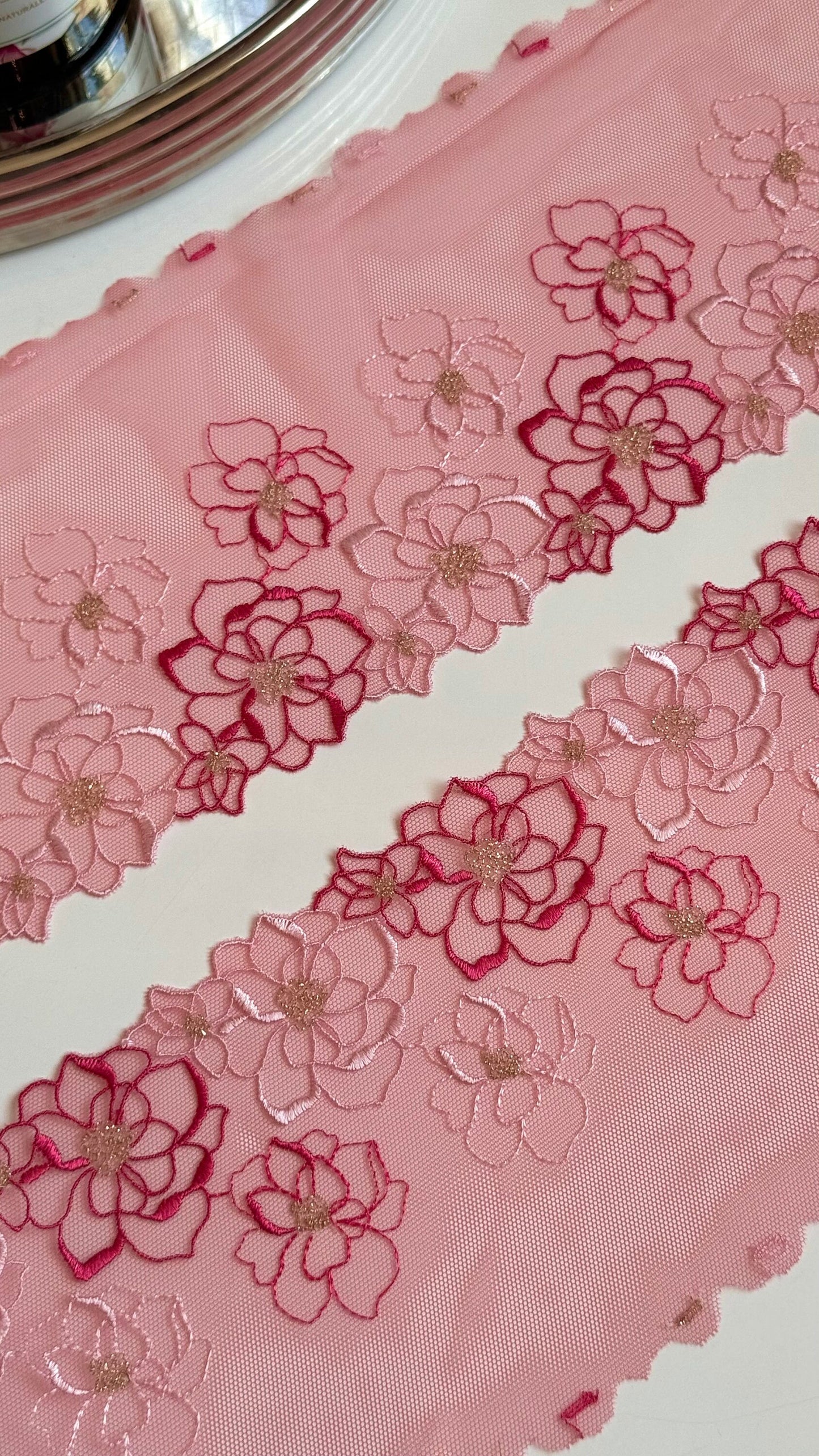 Rose Pink Light Stretch Floral Embroidered Lace Trim 5”/12.5cm Tulle Scallop Edge Fabric for Bra Making Knickers Lingerie Sewing Craft