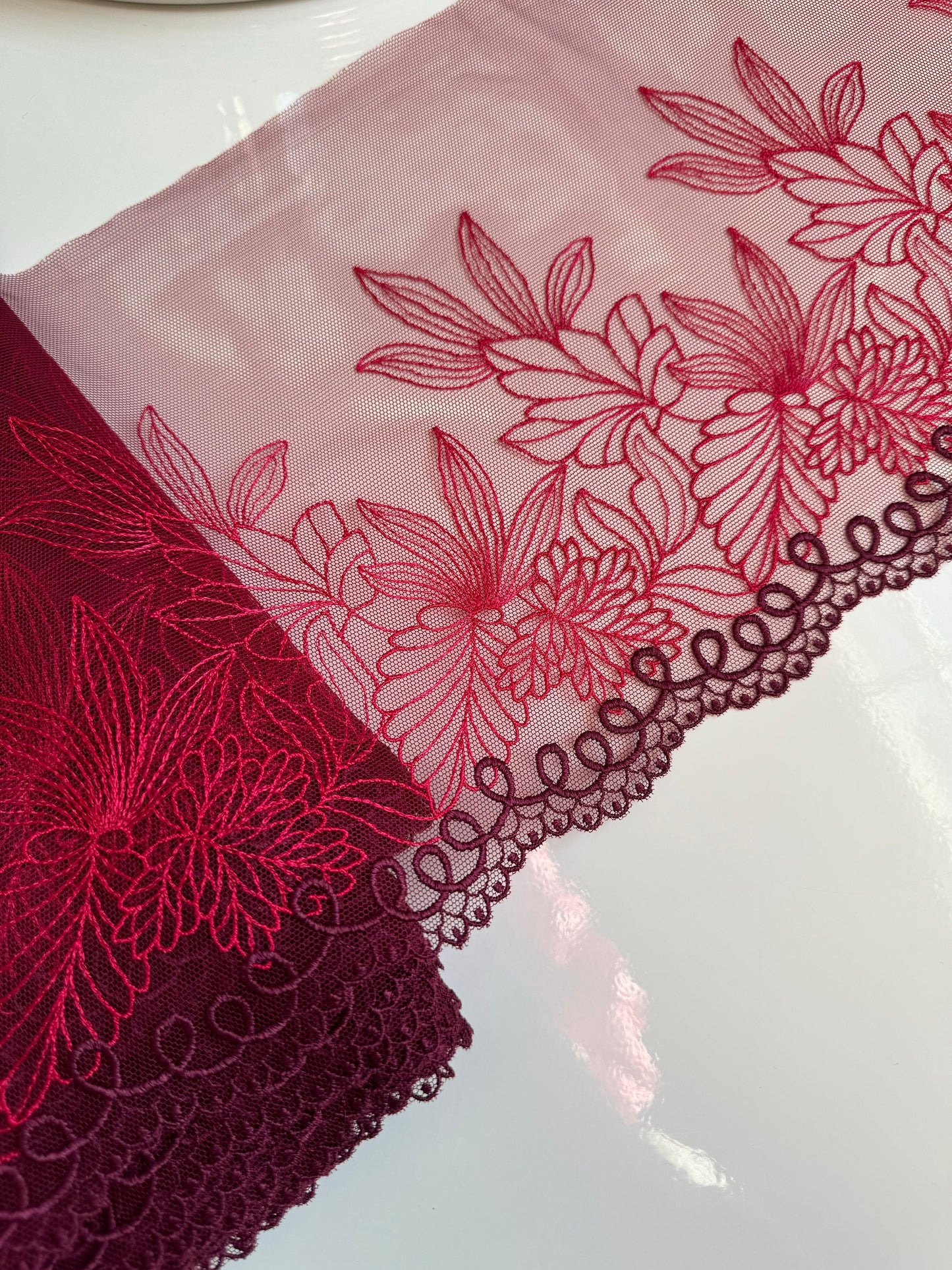 Red Burgundy Two-Tone Floral Lace Embroidered Lace Trim (9"/23cm) Scallop Edge Fabric for Bramaking Knickers Lingerie Sewing Craft