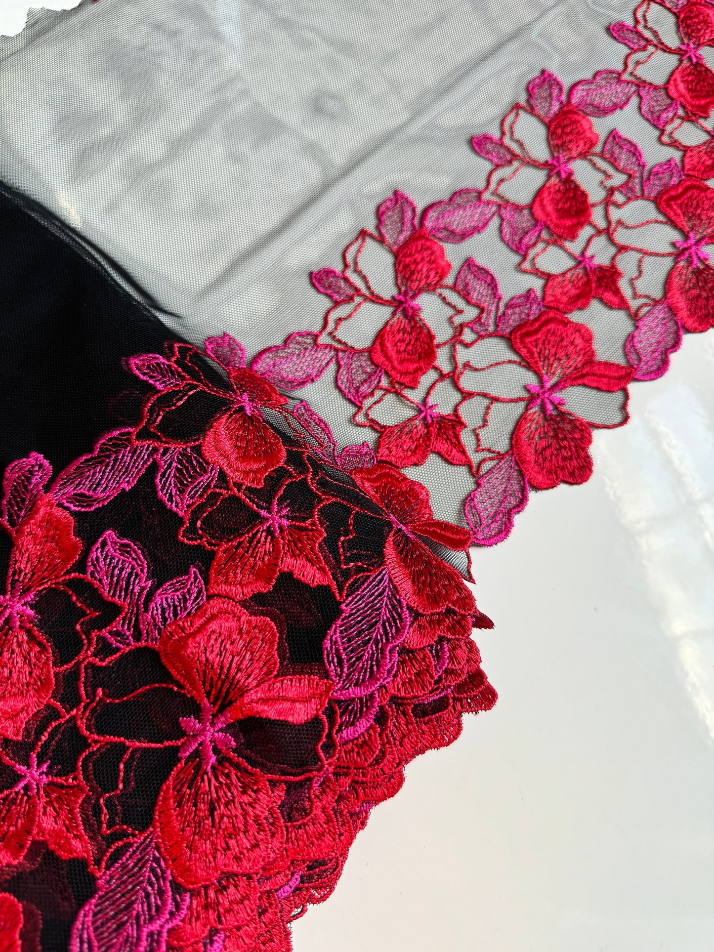 Red Pink Black Floral Embroidered Lace Trim (9.75"/25cm) Black Mesh Tulle Scallop Edge Fabric for Bramaking Knickers Lingerie Sewing Craft