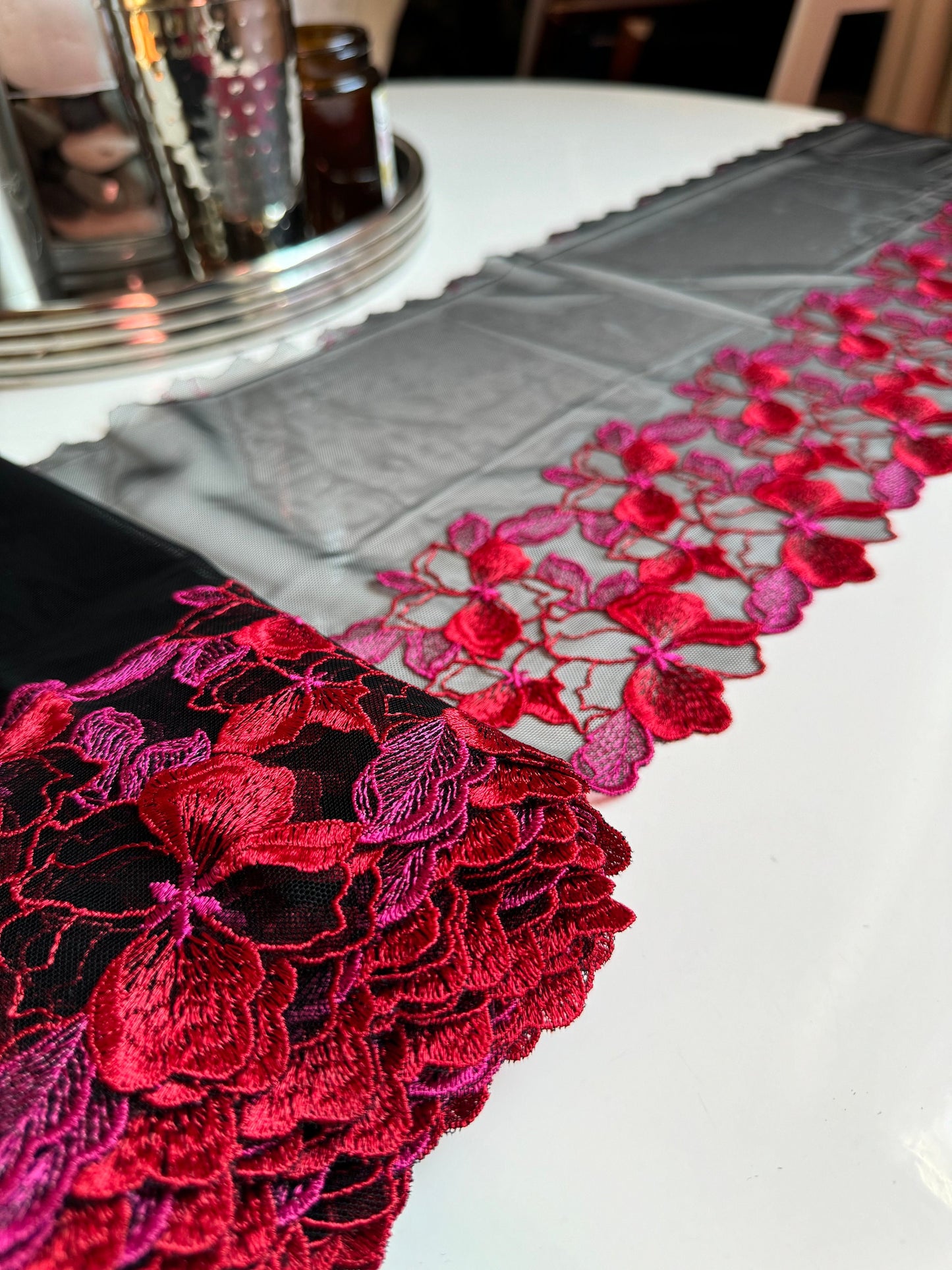 Red Pink Black Floral Embroidered Lace Trim (9.75"/25cm) Black Mesh Tulle Scallop Edge Fabric for Bramaking Knickers Lingerie Sewing Craft
