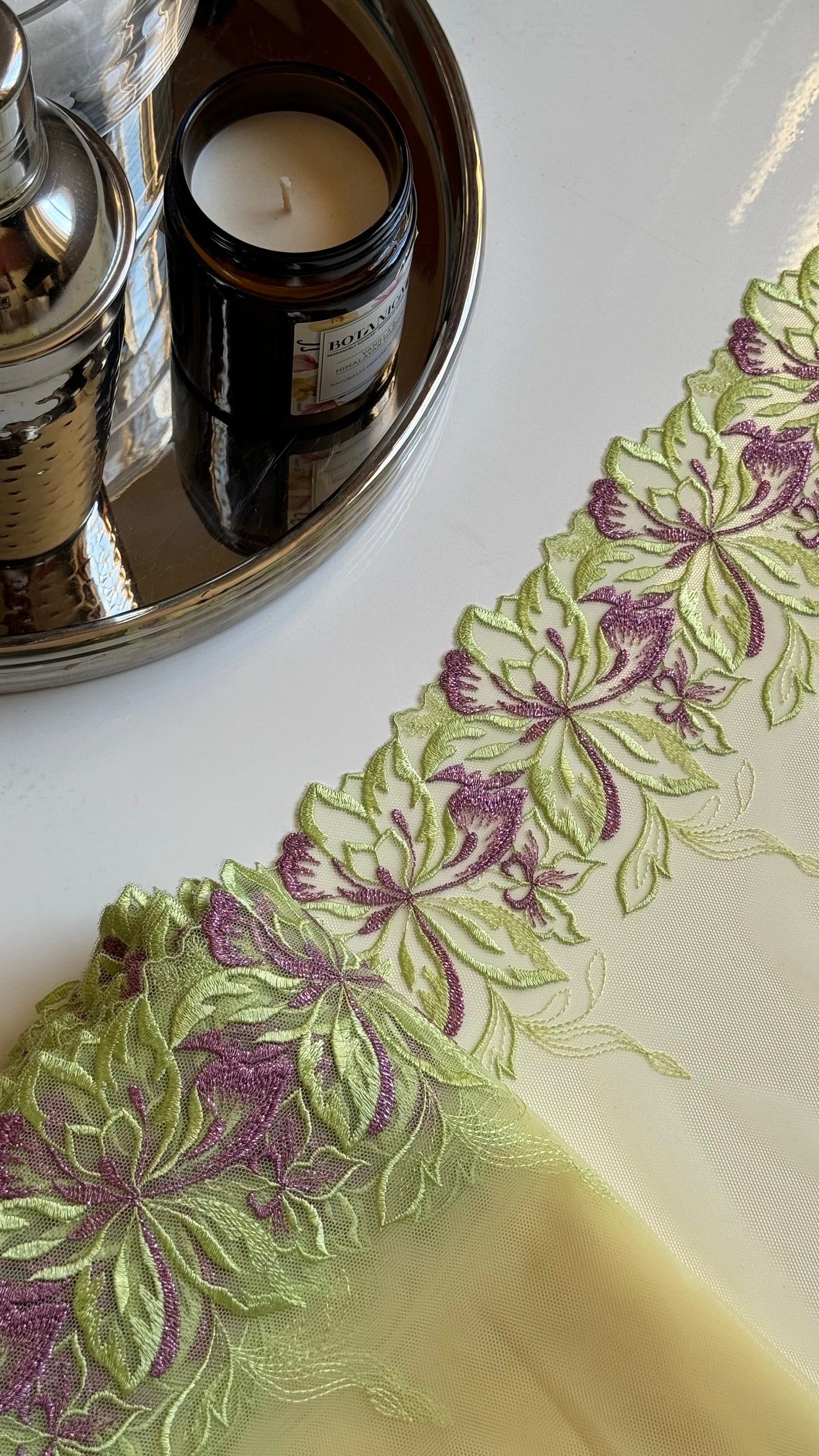 Lime Green Yellow Purple Metallic Floral Embroidered Lace Trim 9”/22.5cm Scallop Edge Fabric for Bra Making Knickers Lingerie Sewing