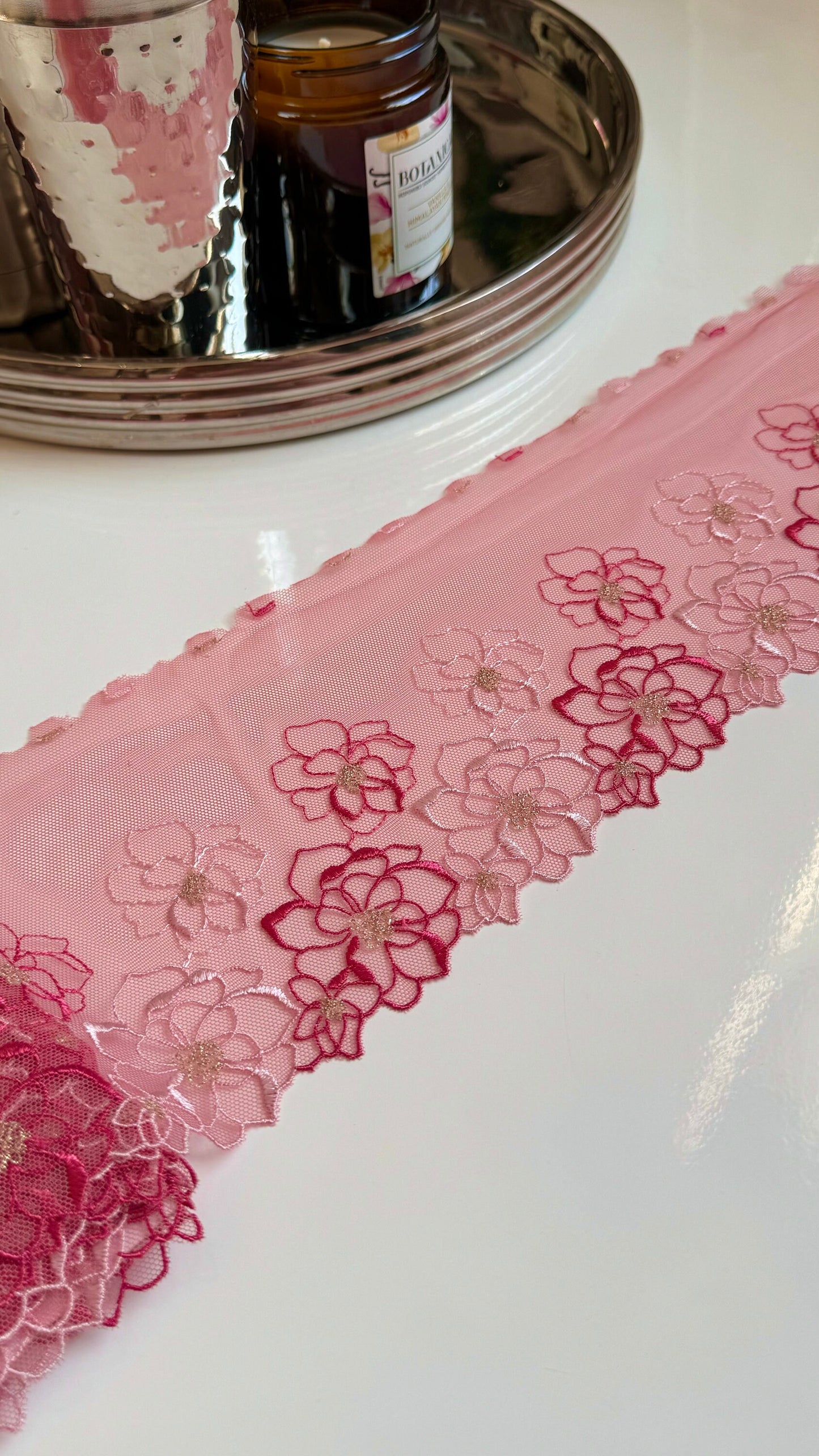 Rose Pink Light Stretch Floral Embroidered Lace Trim 5”/12.5cm Tulle Scallop Edge Fabric for Bra Making Knickers Lingerie Sewing Craft