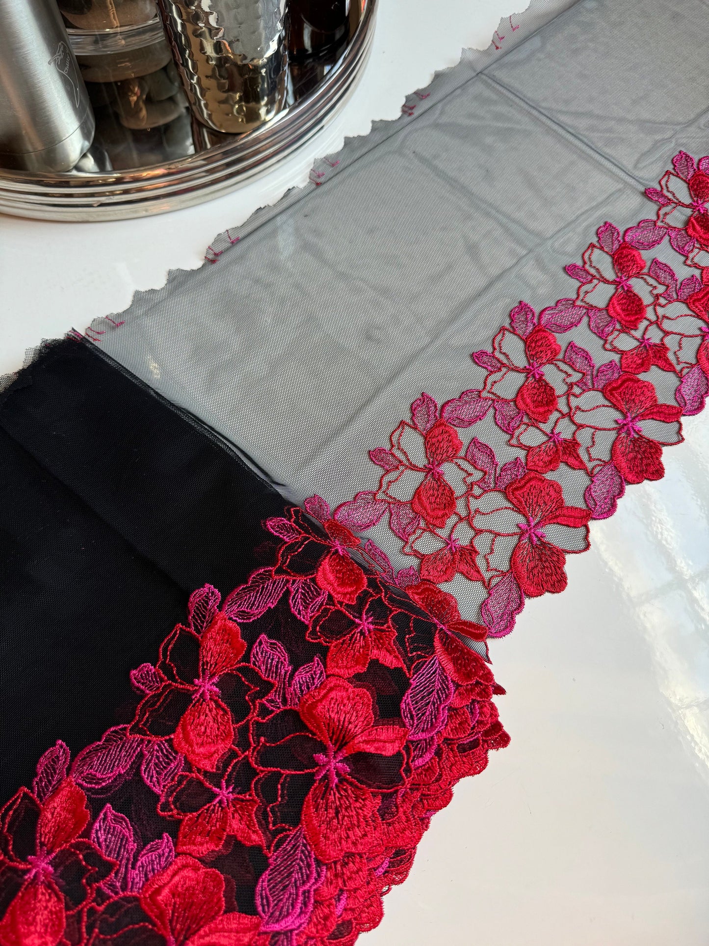 Red Pink Black Floral Embroidered Lace Trim (9.75"/25cm) Black Mesh Tulle Scallop Edge Fabric for Bramaking Knickers Lingerie Sewing Craft
