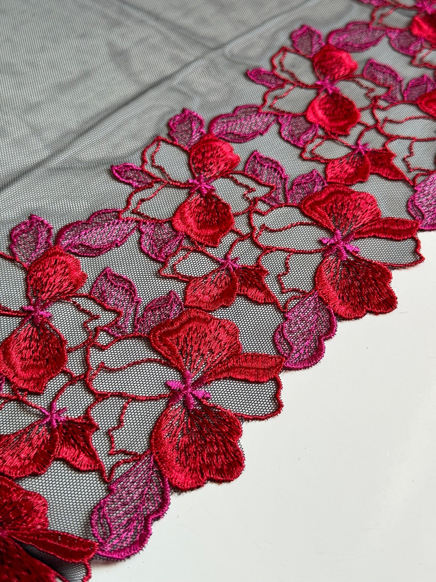 Red Pink Black Floral Embroidered Lace Trim (9.75"/25cm) Black Mesh Tulle Scallop Edge Fabric for Bramaking Knickers Lingerie Sewing Craft