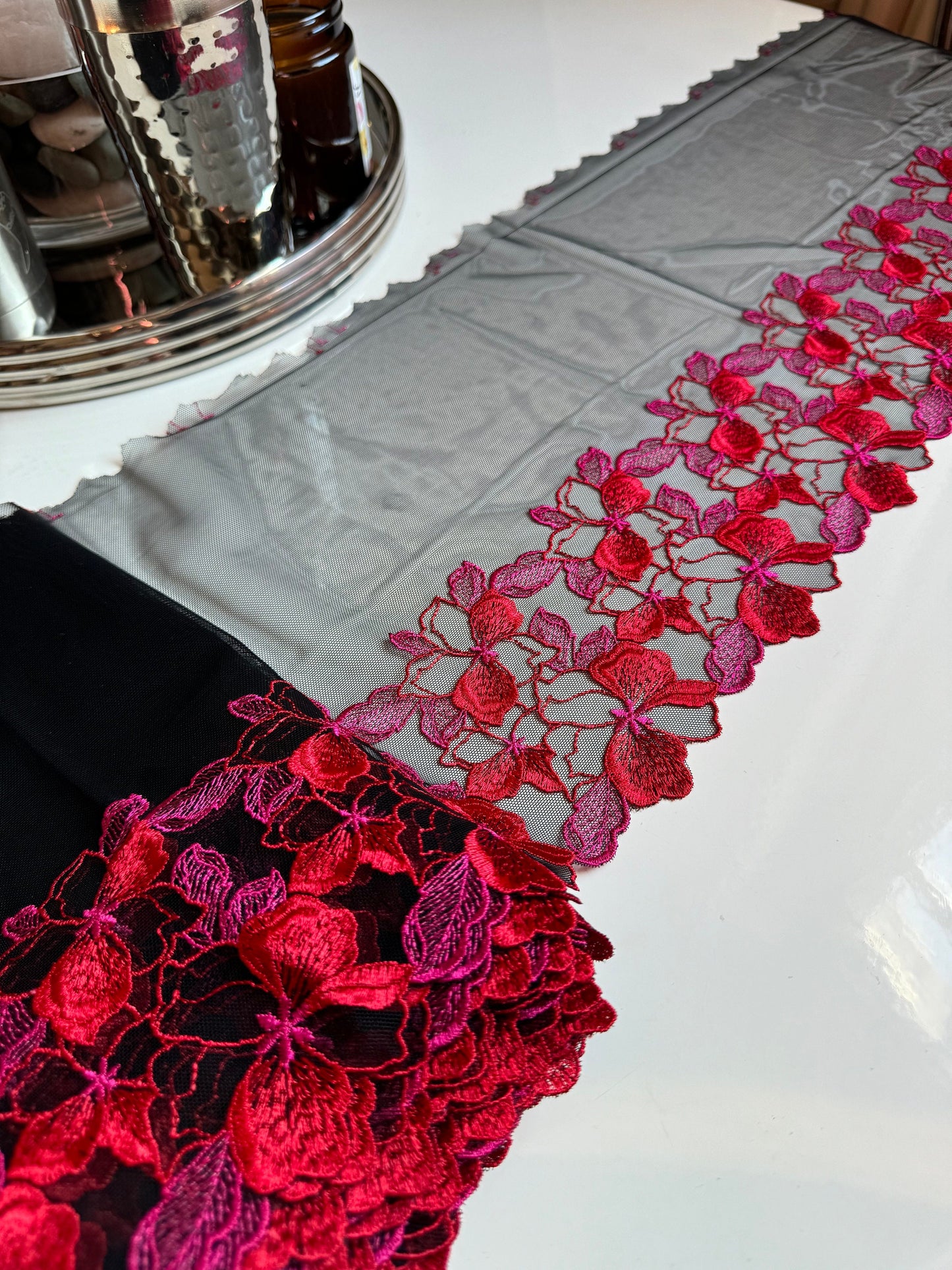 Red Pink Black Floral Embroidered Lace Trim (9.75"/25cm) Black Mesh Tulle Scallop Edge Fabric for Bramaking Knickers Lingerie Sewing Craft