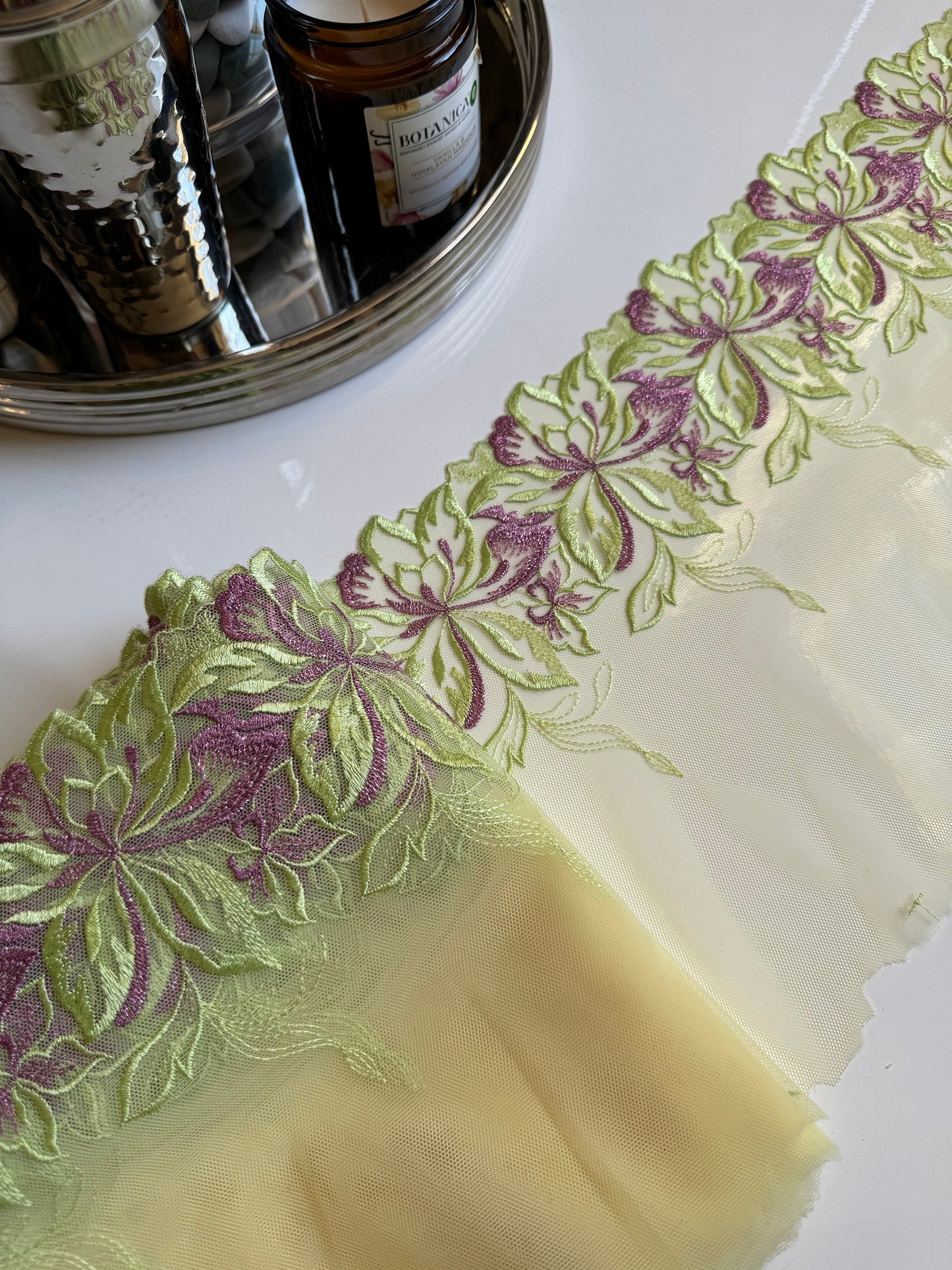 Lime Green Yellow Purple Metallic Floral Embroidered Lace Trim 9”/22.5cm Scallop Edge Fabric for Bra Making Knickers Lingerie Sewing
