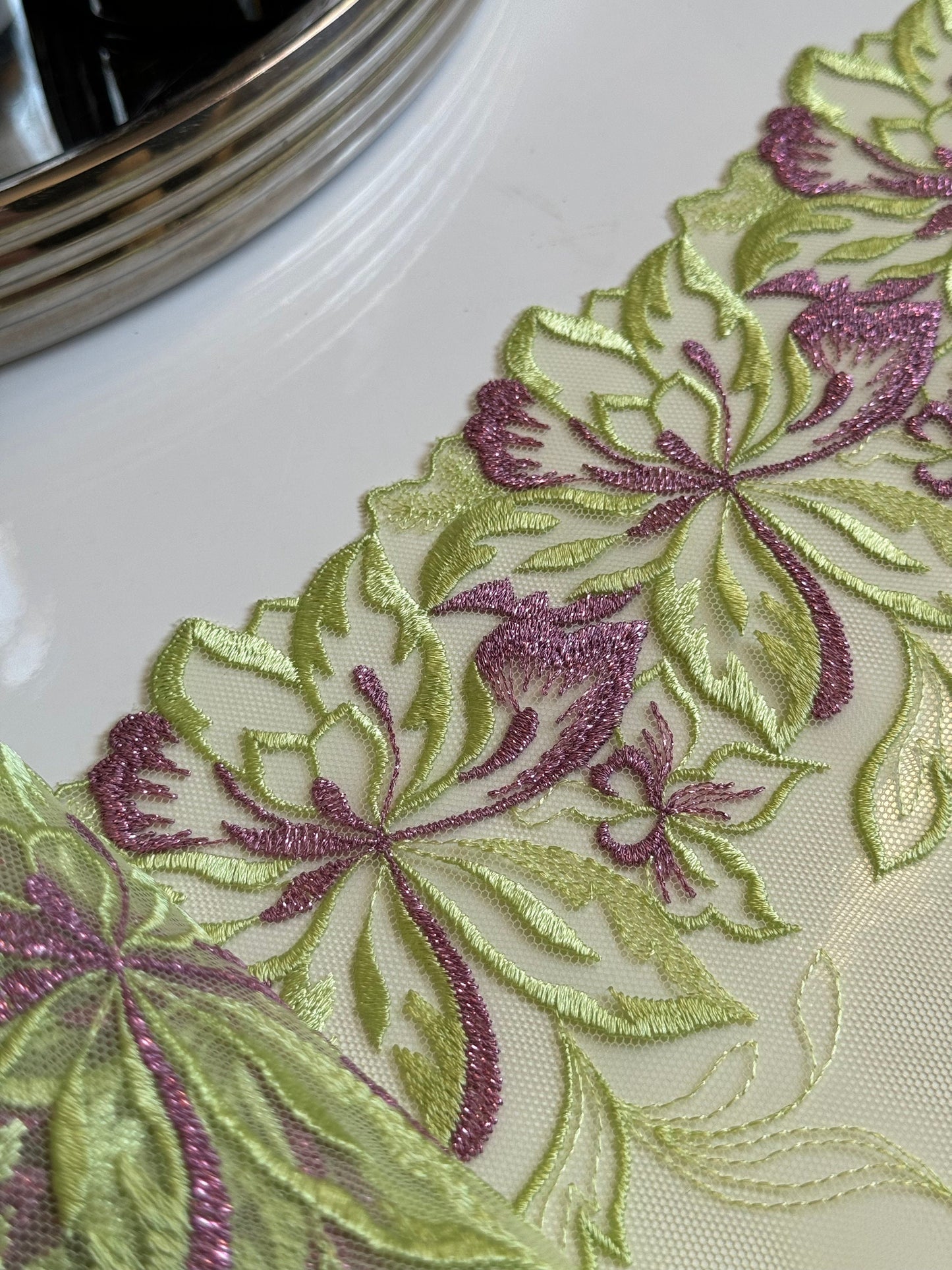 Lime Green Yellow Purple Metallic Floral Embroidered Lace Trim 9”/22.5cm Scallop Edge Fabric for Bra Making Knickers Lingerie Sewing