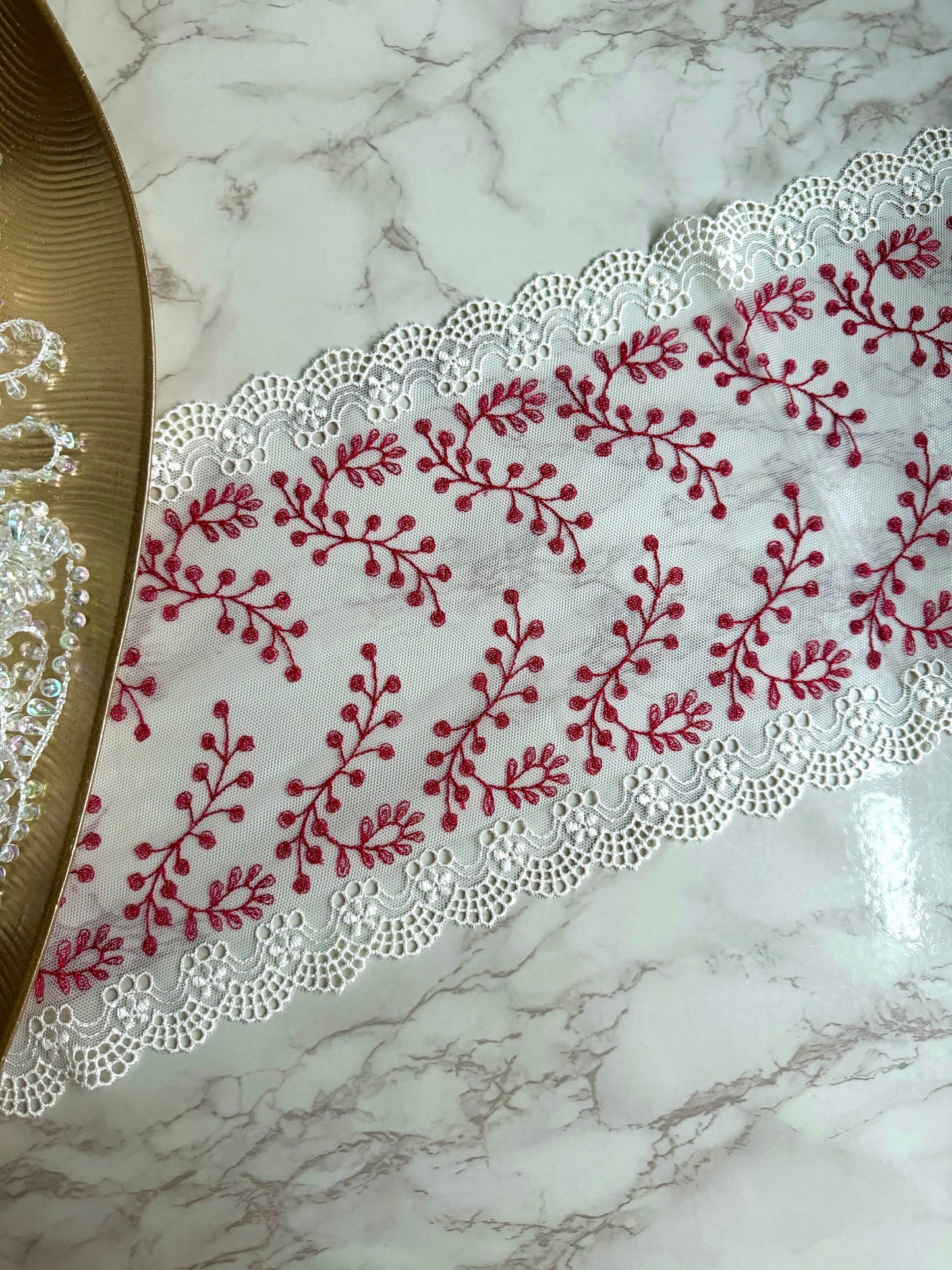 Cream White Red Lace Embroidered Lace Trim (8"/20cm) Scallop Edge Fabric for Bramaking Knickers Lingerie Sewing Craft
