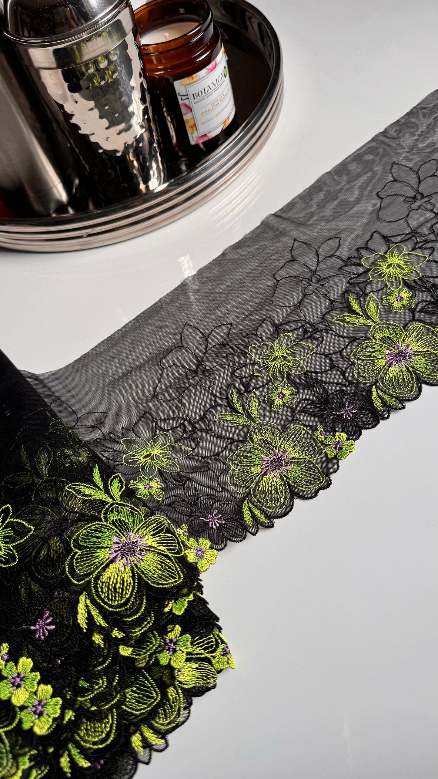 Black Lime Green Stretch Floral Embroidered Lace Trim 7”/18cm Tulle Scallop Edge Fabric for Bra Making Knickers Lingerie Sewing Craft