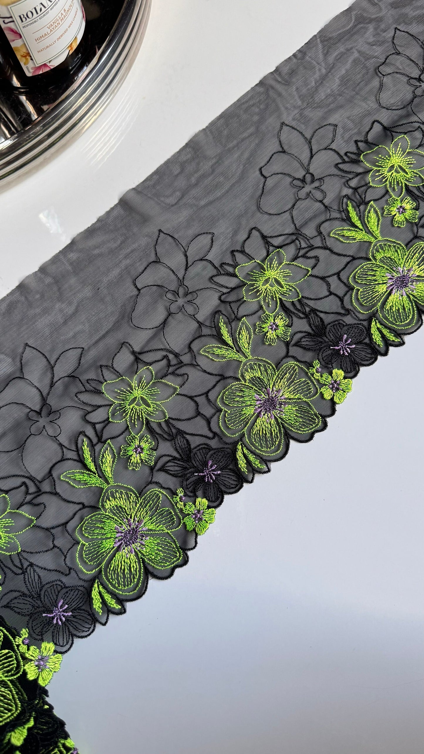 Black Lime Green Stretch Floral Embroidered Lace Trim 7”/18cm Tulle Scallop Edge Fabric for Bra Making Knickers Lingerie Sewing Craft