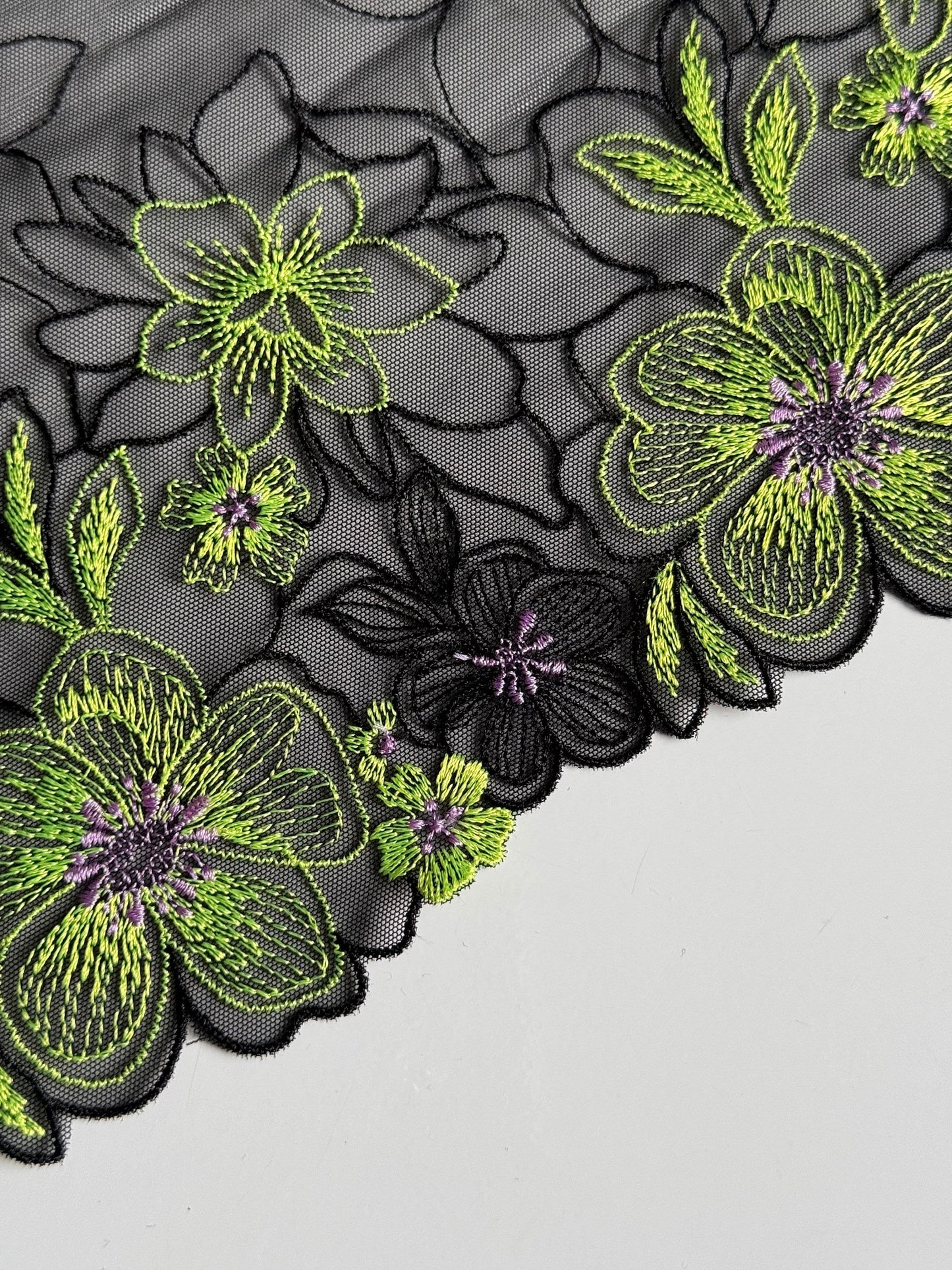 Black Lime Green Stretch Floral Embroidered Lace Trim 7”/18cm Tulle Scallop Edge Fabric for Bra Making Knickers Lingerie Sewing Craft
