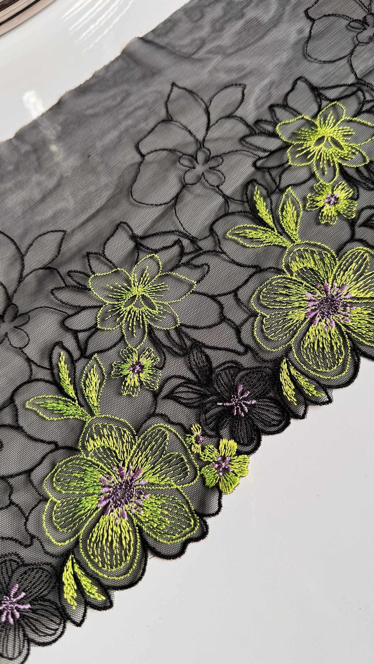 Black Lime Green Stretch Floral Embroidered Lace Trim 7”/18cm Tulle Scallop Edge Fabric for Bra Making Knickers Lingerie Sewing Craft