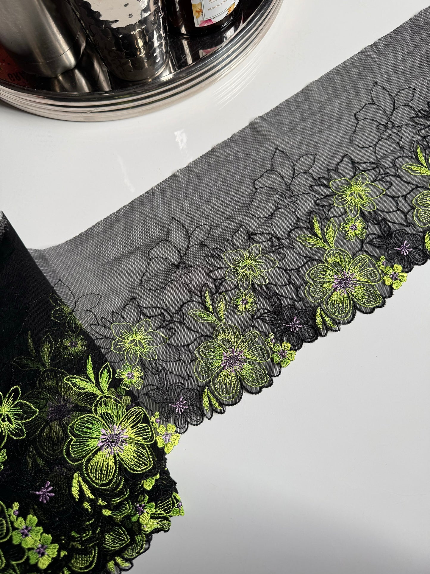 Black Lime Green Stretch Floral Embroidered Lace Trim 7”/18cm Tulle Scallop Edge Fabric for Bra Making Knickers Lingerie Sewing Craft