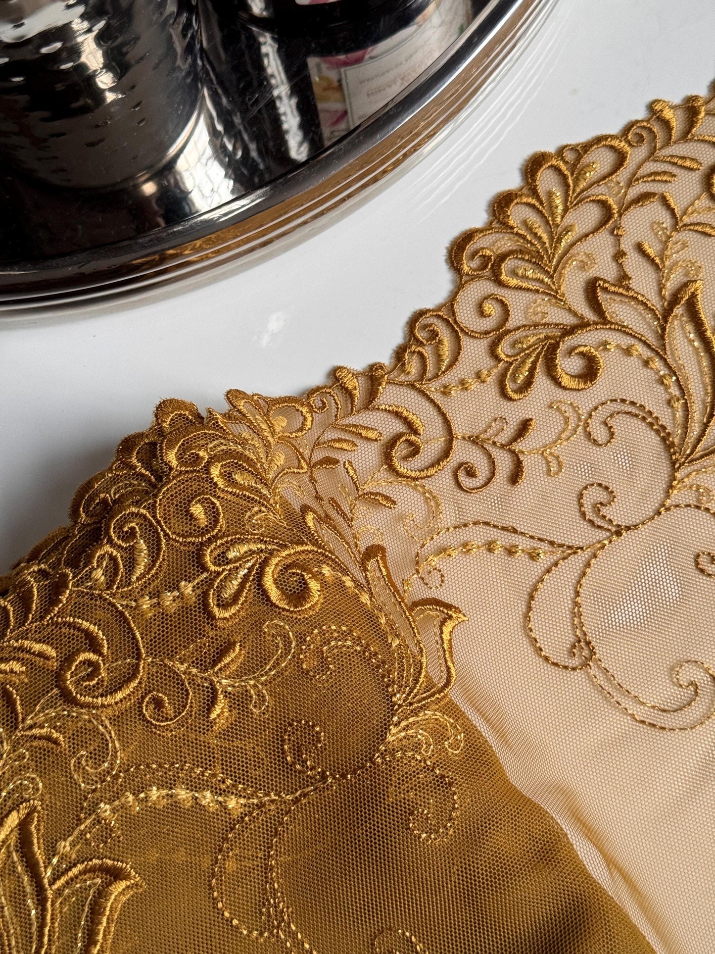 Olive Gold Floral Leaf Swirl Embroidered Lace Trim (7.5"/19cm) Scallop Edge Fabric for Bramaking Knickers Lingerie Sewing Craft