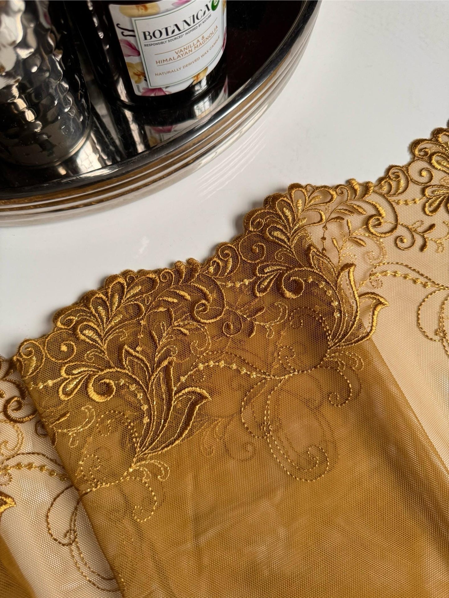 Olive Gold Floral Leaf Swirl Embroidered Lace Trim (7.5"/19cm) Scallop Edge Fabric for Bramaking Knickers Lingerie Sewing Craft