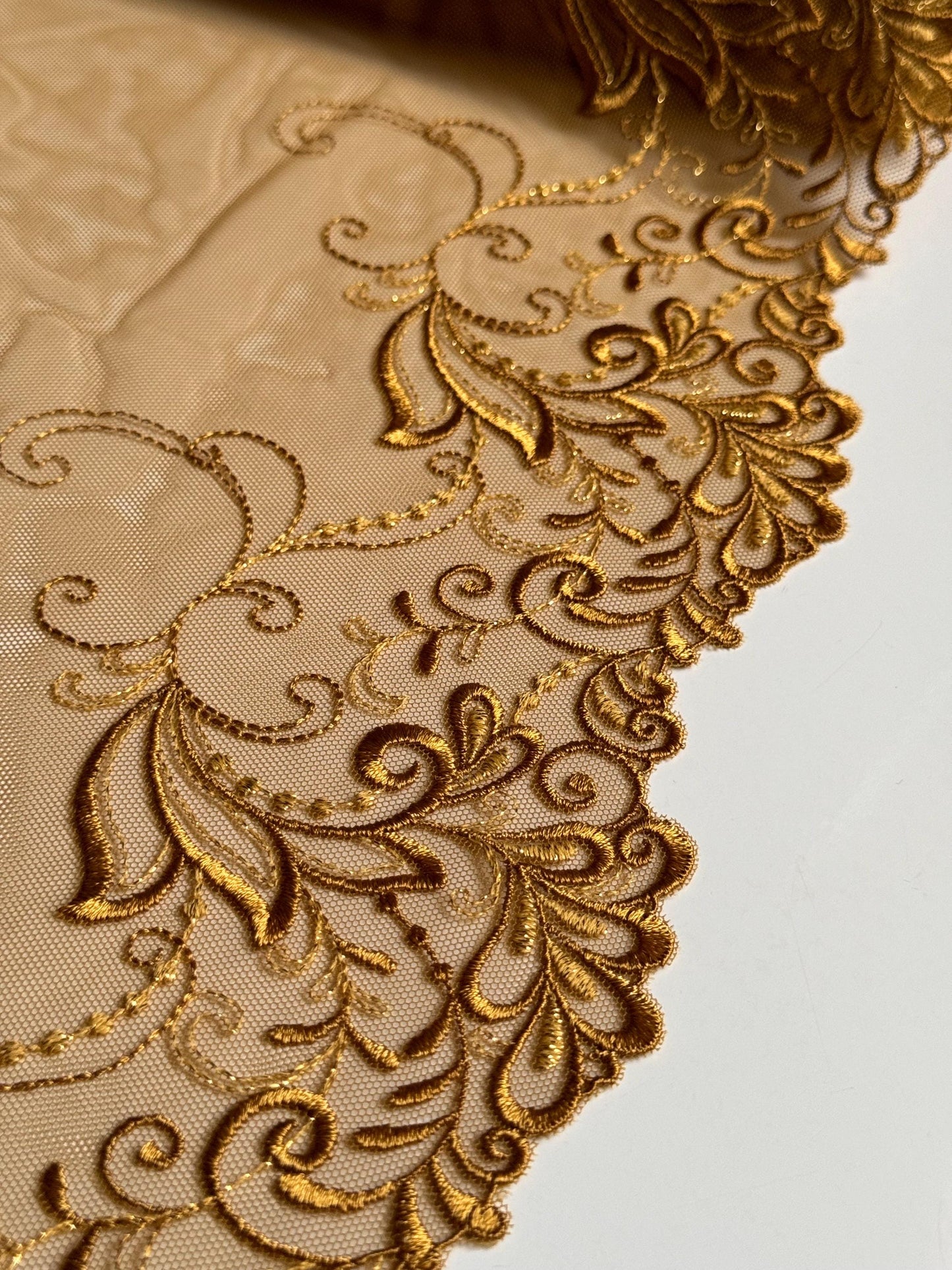 Olive Gold Floral Leaf Swirl Embroidered Lace Trim (7.5"/19cm) Scallop Edge Fabric for Bramaking Knickers Lingerie Sewing Craft