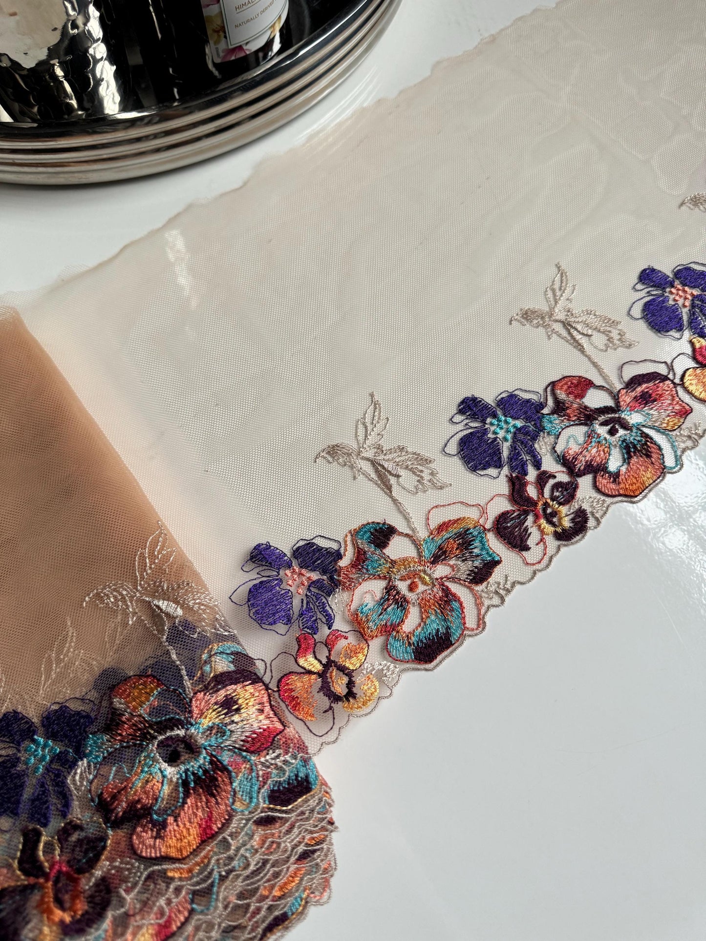Nude Blue Orange Brown Autumn Flower Floral Embroidered Lace Trim (7.5"/19cm) Tulle Scallop Fabric for Bramaking Knickers Lingerie Sewing