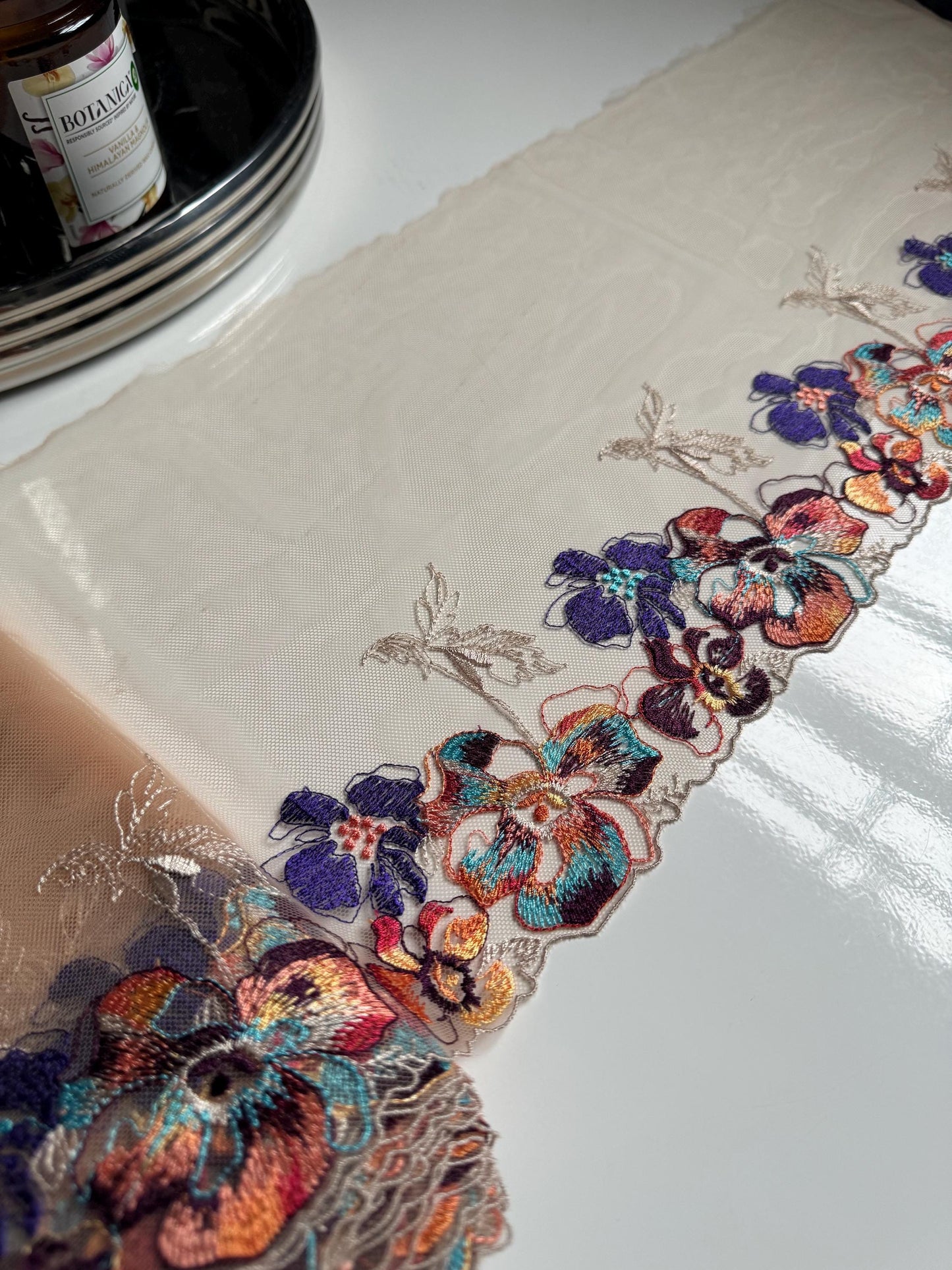 Nude Blue Orange Brown Autumn Flower Floral Embroidered Lace Trim (7.5"/19cm) Tulle Scallop Fabric for Bramaking Knickers Lingerie Sewing