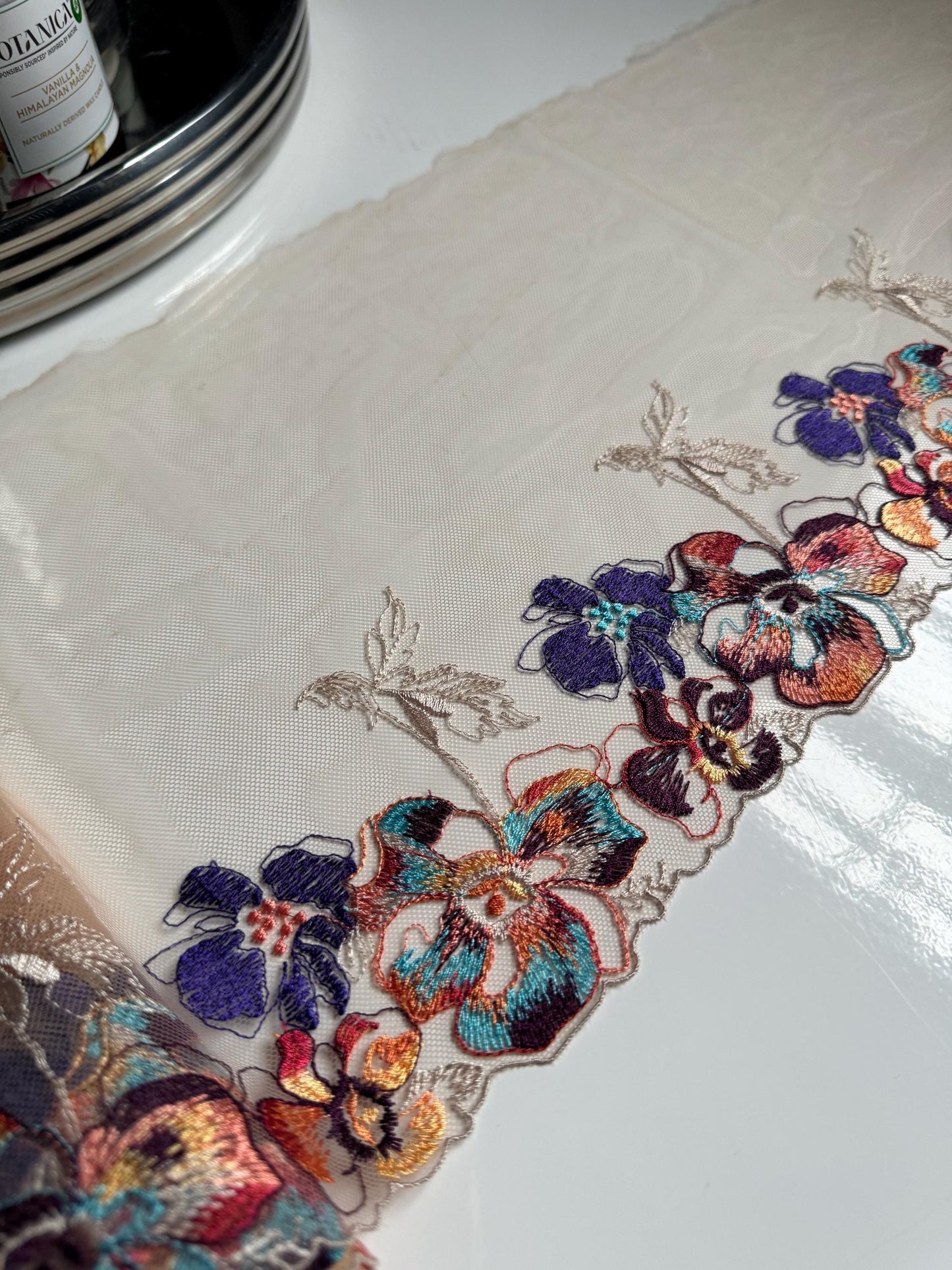 Nude Blue Orange Brown Autumn Flower Floral Embroidered Lace Trim (7.5"/19cm) Tulle Scallop Fabric for Bramaking Knickers Lingerie Sewing
