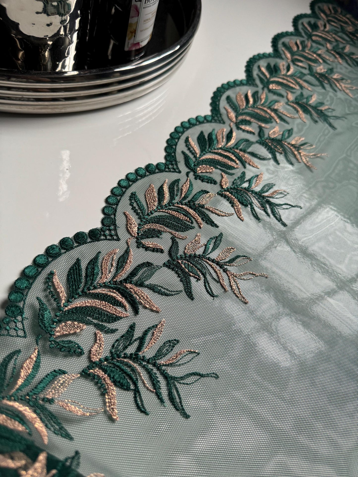 Dark Green Gold Metallic Shimmer Leaf Embroidered Lace Trim (9"/23cm) Floral Scallop Fabric for Bramaking Knickers Lingerie Sewing Craft