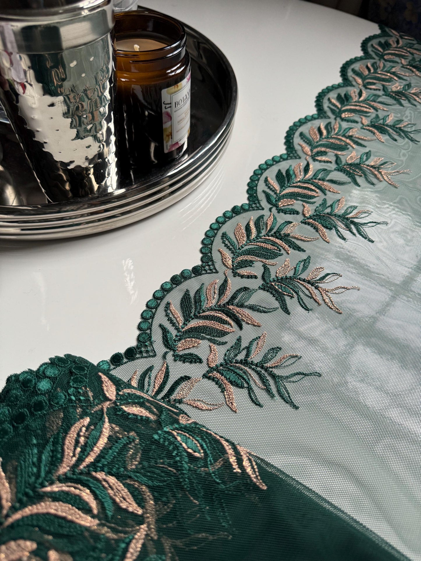 Dark Green Gold Metallic Shimmer Leaf Embroidered Lace Trim (9"/23cm) Floral Scallop Fabric for Bramaking Knickers Lingerie Sewing Craft