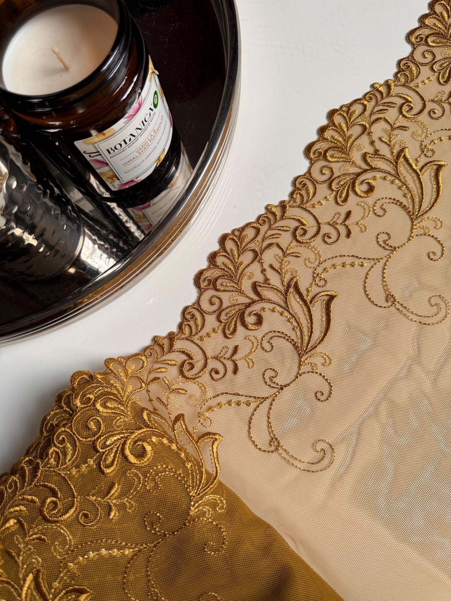 Olive Gold Floral Leaf Swirl Embroidered Lace Trim (7.5"/19cm) Scallop Edge Fabric for Bramaking Knickers Lingerie Sewing Craft