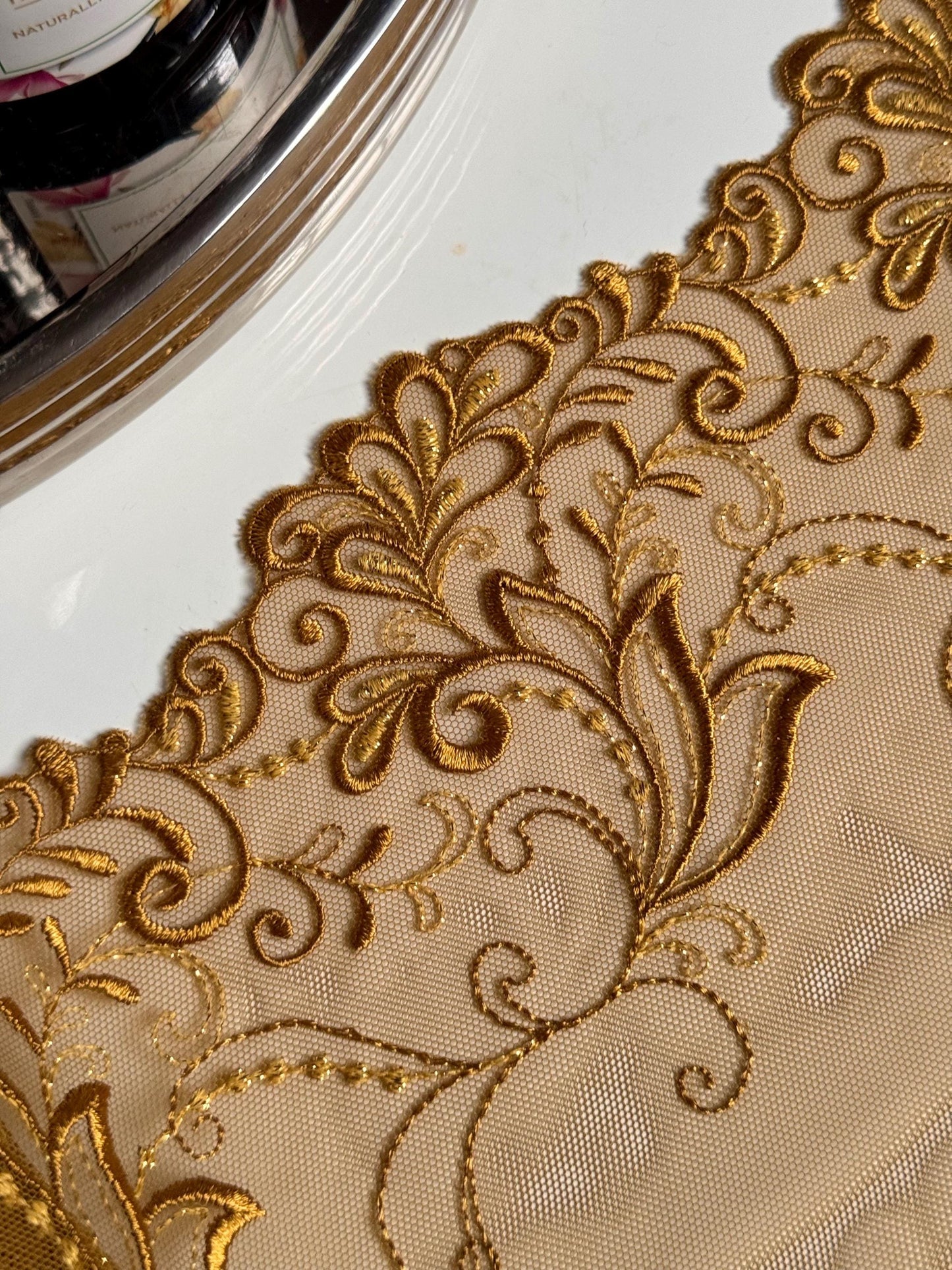Olive Gold Floral Leaf Swirl Embroidered Lace Trim (7.5"/19cm) Scallop Edge Fabric for Bramaking Knickers Lingerie Sewing Craft