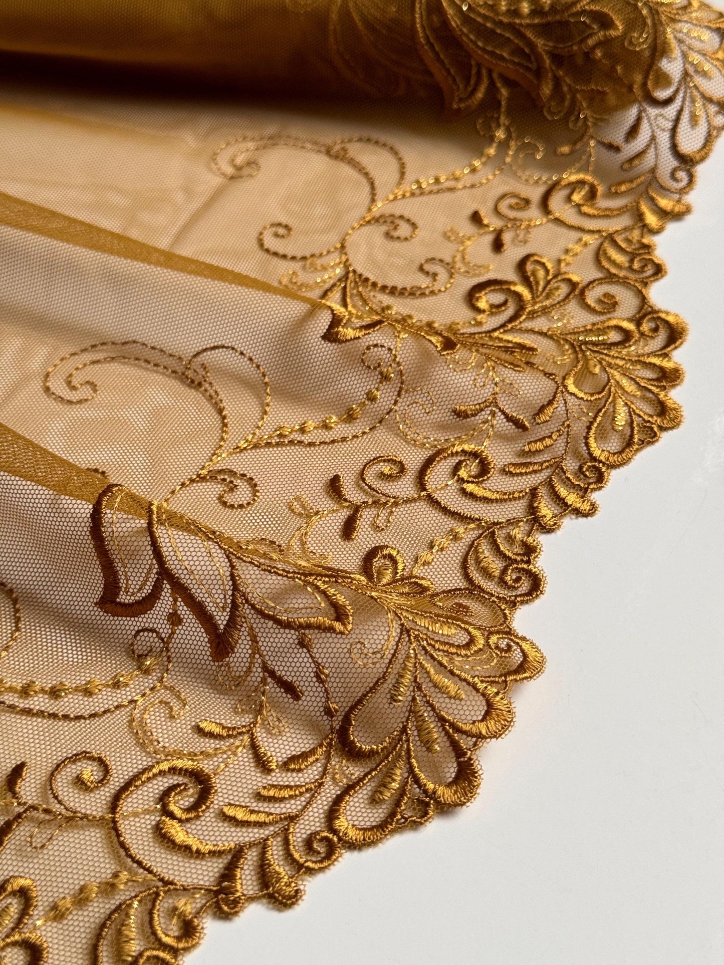 Olive Gold Floral Leaf Swirl Embroidered Lace Trim (7.5"/19cm) Scallop Edge Fabric for Bramaking Knickers Lingerie Sewing Craft