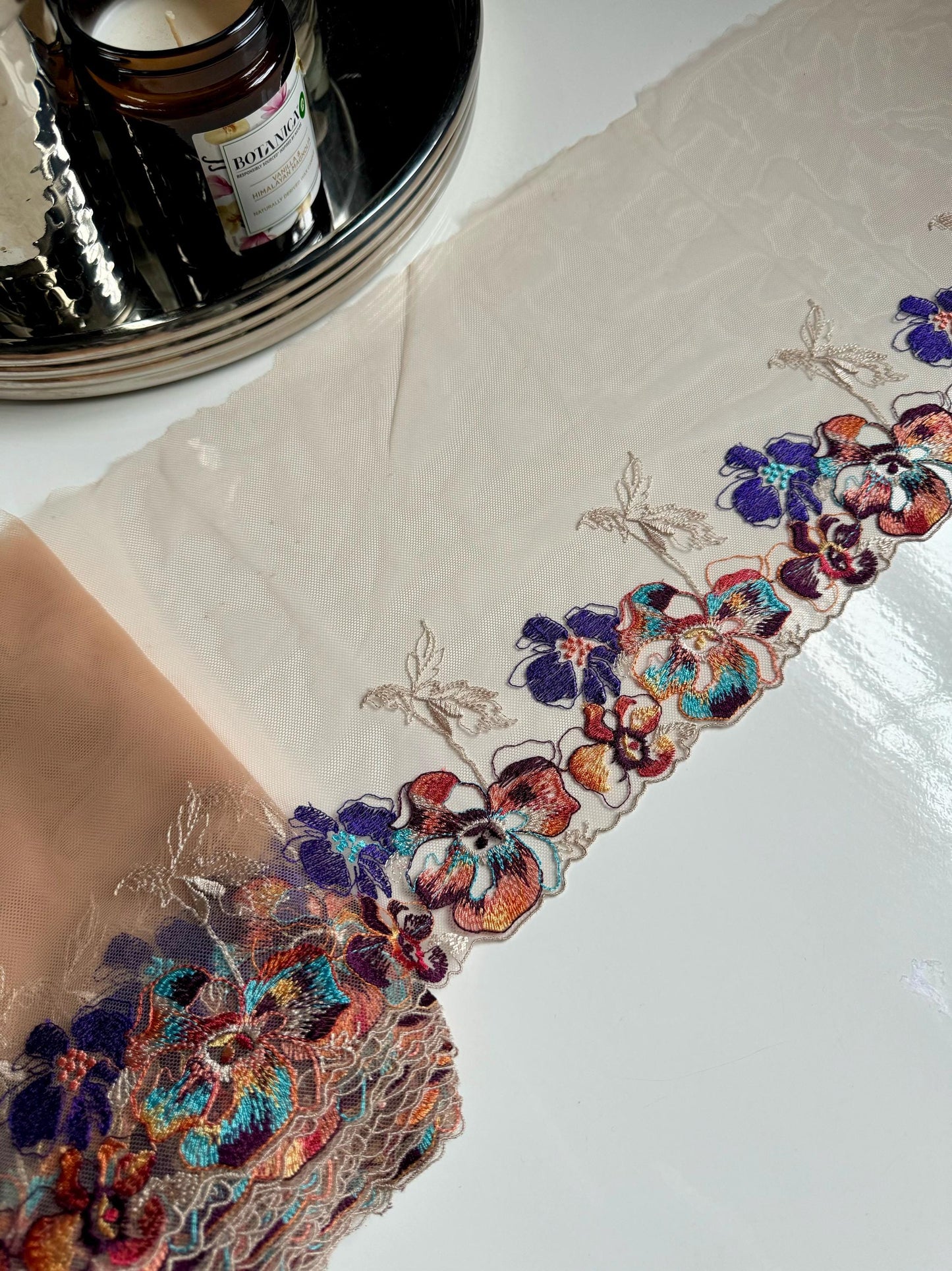 Nude Blue Orange Brown Autumn Flower Floral Embroidered Lace Trim (7.5"/19cm) Tulle Scallop Fabric for Bramaking Knickers Lingerie Sewing